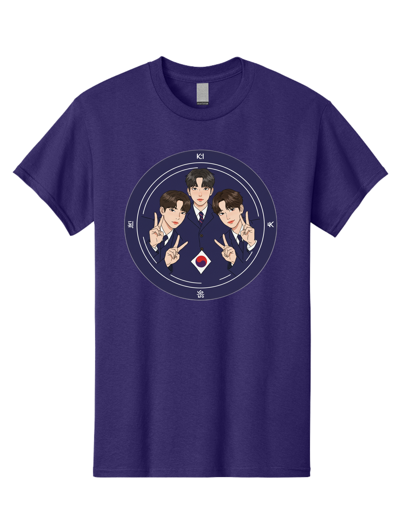 K-Pop-Idol-Trio Men'S Graphic Tee, 100% Cotton, Comfortable Casual Summer Wear, Machine Washable, K-Pop Group, Three Members, Blue Suits, Korean Flag, Peace Signs, K-Pop Fashion, Korean Pop Culture, Group Portrait, Stylish Hairstyles, Bac101