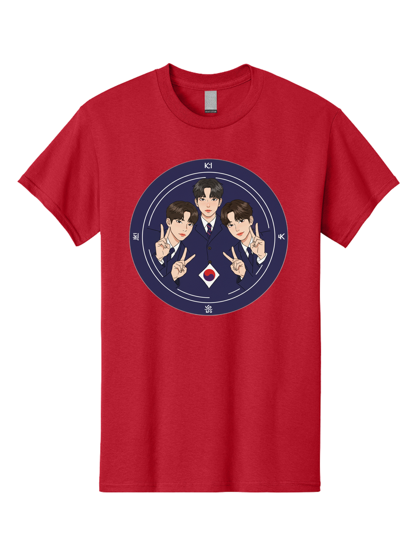 K-Pop-Idol-Trio Men'S Graphic Tee, 100% Cotton, Comfortable Casual Summer Wear, Machine Washable, K-Pop Group, Three Members, Blue Suits, Korean Flag, Peace Signs, K-Pop Fashion, Korean Pop Culture, Group Portrait, Stylish Hairstyles, Bac101