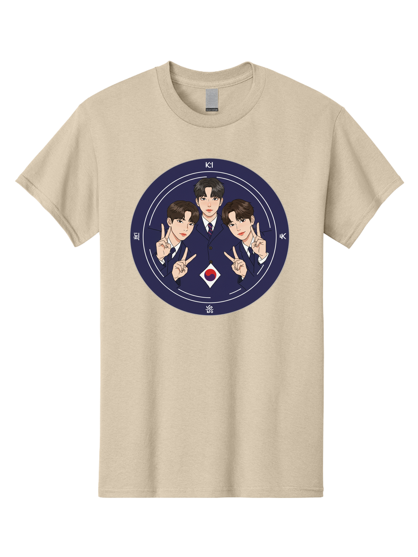 K-Pop-Idol-Trio Men'S Graphic Tee, 100% Cotton, Comfortable Casual Summer Wear, Machine Washable, K-Pop Group, Three Members, Blue Suits, Korean Flag, Peace Signs, K-Pop Fashion, Korean Pop Culture, Group Portrait, Stylish Hairstyles, Bac101