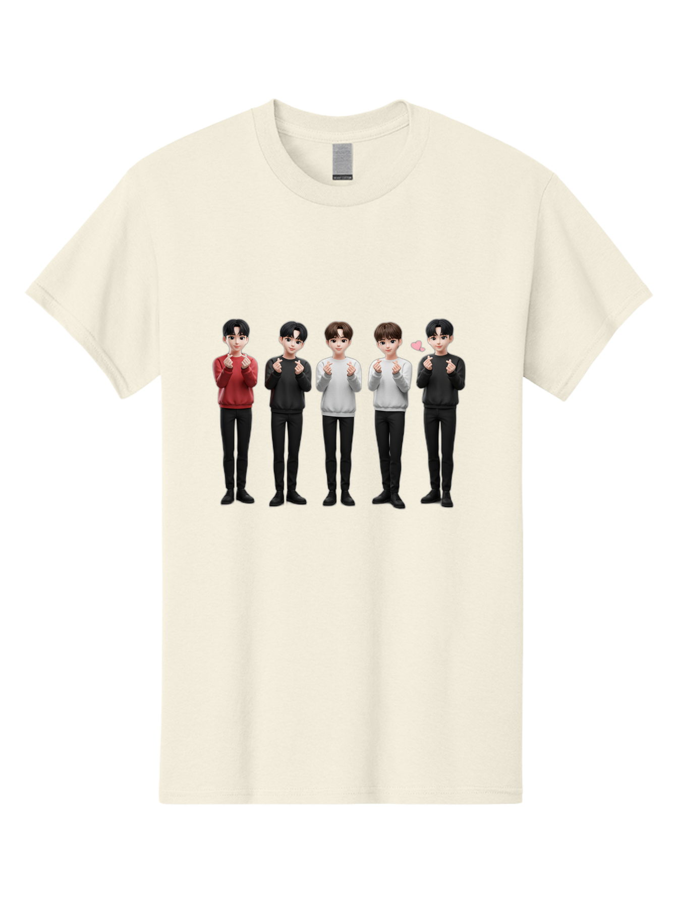 K-Pop-Idols Men'S Graphic Tee, 100% Cotton, Comfortable Casual Summer Wear, Machine Washable, 3D Cartoon Characters, Young Men, Black Hair, Varied Sweaters, Black Pants, Hand Gestures, Fist Bumps, Heart Symbol, Digital Art, Kawaii Style, Bac102