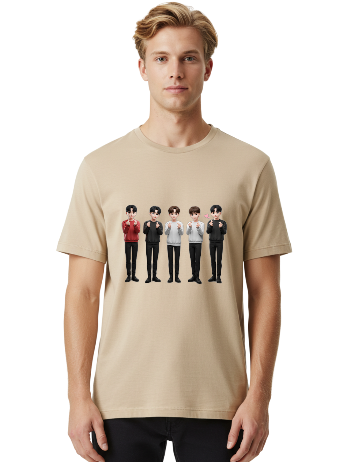 K-Pop-Idols Men'S Graphic Tee, 100% Cotton, Comfortable Casual Summer Wear, Machine Washable, 3D Cartoon Characters, Young Men, Black Hair, Varied Sweaters, Black Pants, Hand Gestures, Fist Bumps, Heart Symbol, Digital Art, Kawaii Style, Bac102