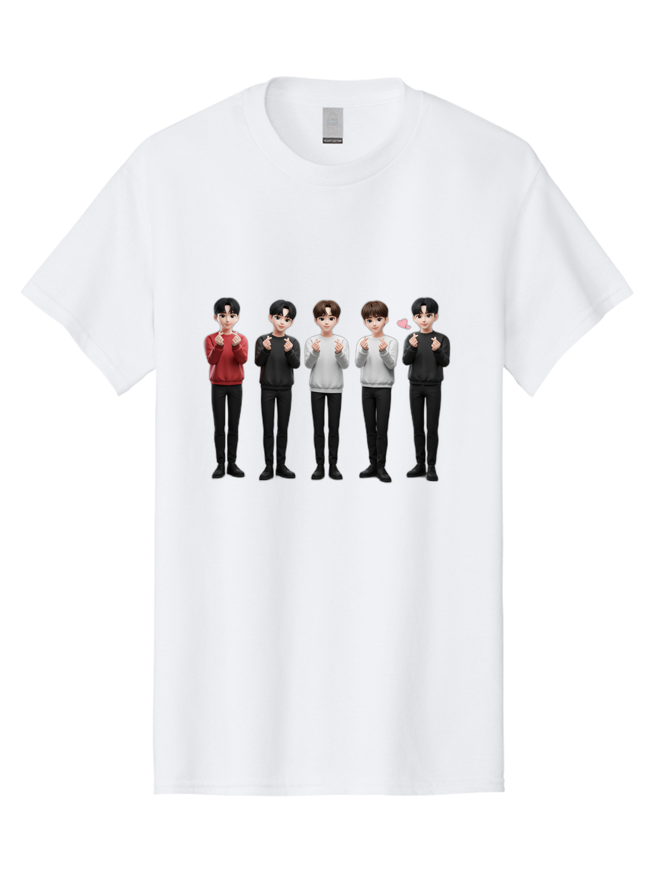 K-Pop-Idols Men'S Graphic Tee, 100% Cotton, Comfortable Casual Summer Wear, Machine Washable, 3D Cartoon Characters, Young Men, Black Hair, Varied Sweaters, Black Pants, Hand Gestures, Fist Bumps, Heart Symbol, Digital Art, Kawaii Style, Bac102