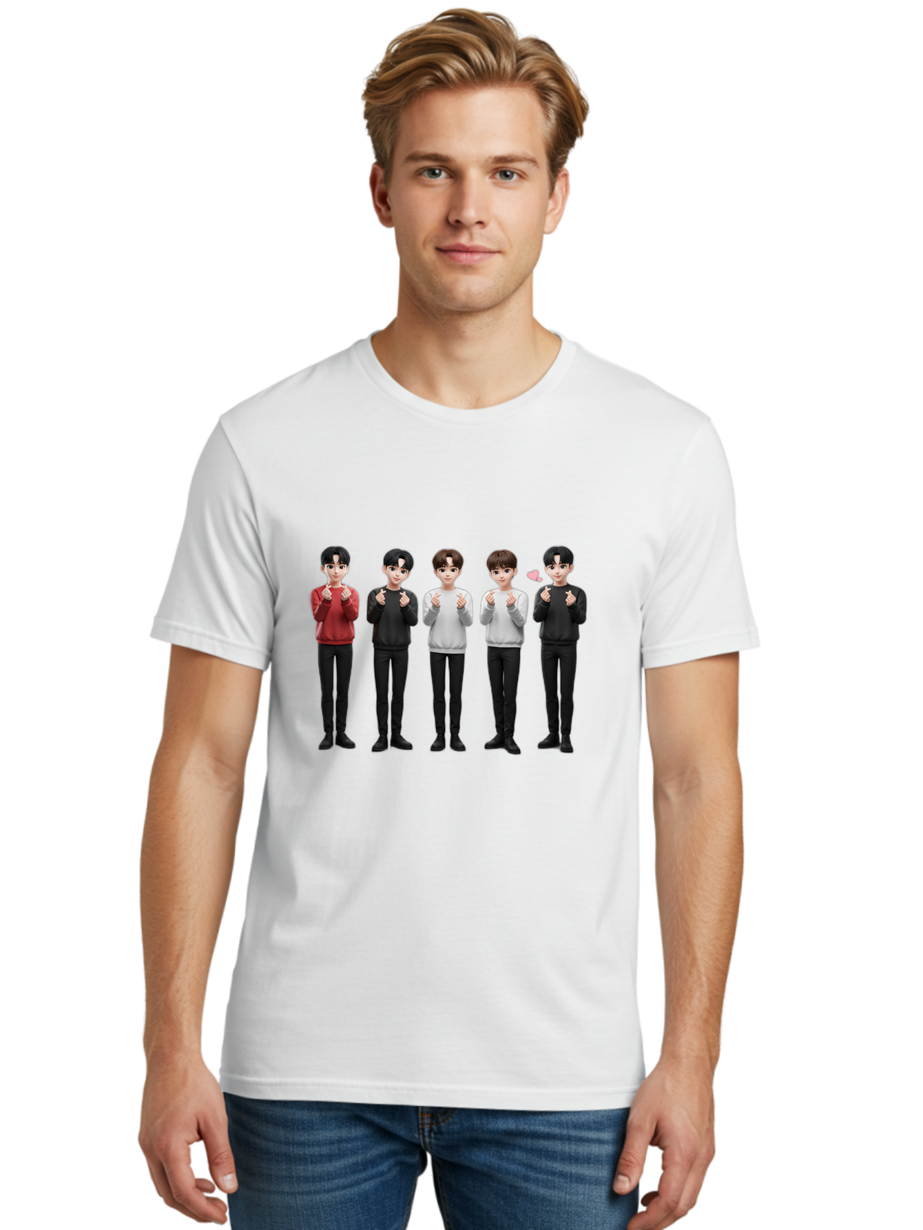 K-Pop-Idols Men'S Graphic Tee, 100% Cotton, Comfortable Casual Summer Wear, Machine Washable, 3D Cartoon Characters, Young Men, Black Hair, Varied Sweaters, Black Pants, Hand Gestures, Fist Bumps, Heart Symbol, Digital Art, Kawaii Style, Bac102