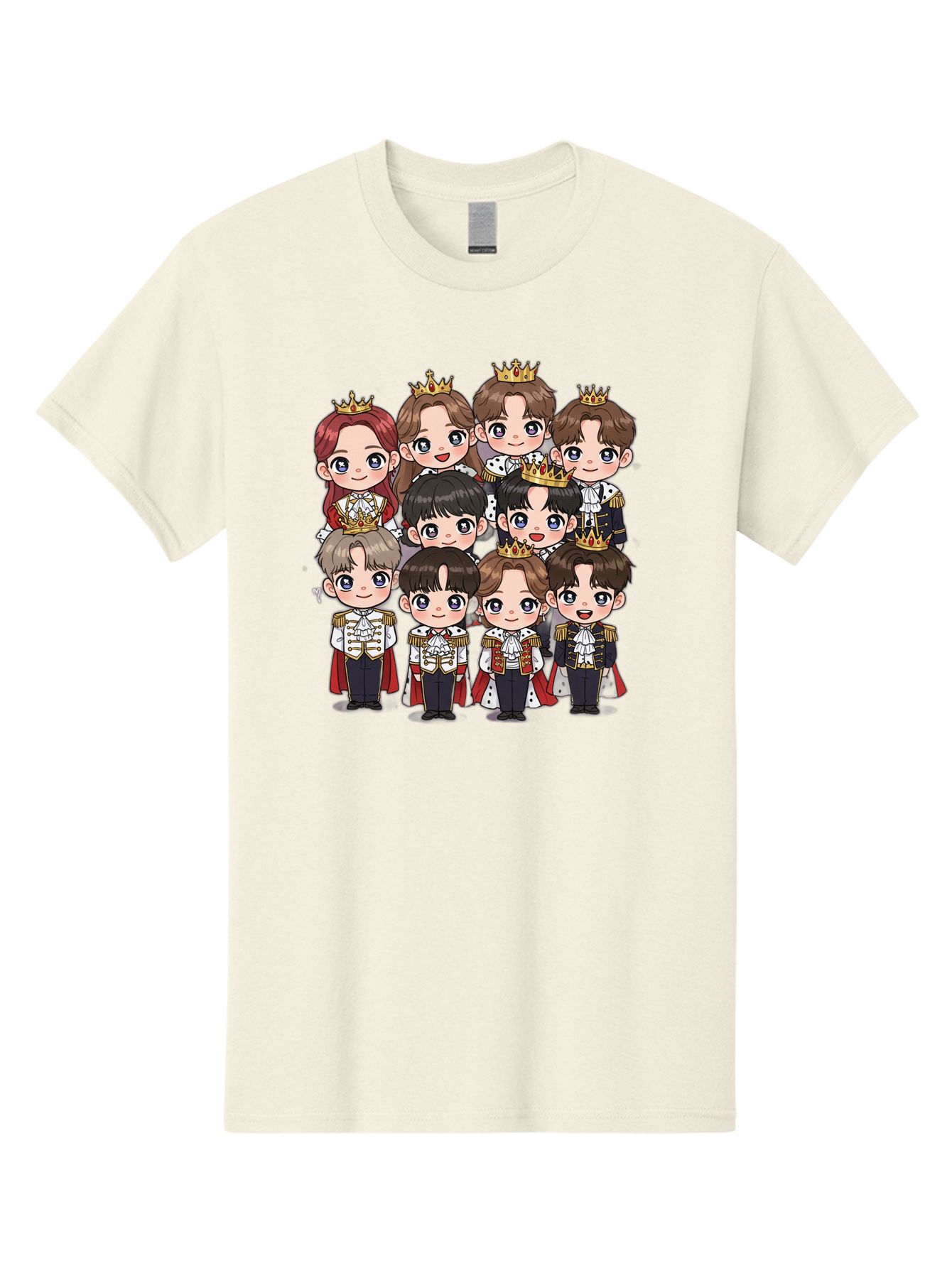 K-Pop-Royalty Men'S Graphic Tee, 100% Cotton, Comfortable Casual Summer Wear, Machine Washable, K-Pop Group, Cartoon Characters, Royal Attire, Crowned Figures, Chibi Style, Cuteness Overload, Idols, Fashion Icons, Cartoon Illustrations Bac103