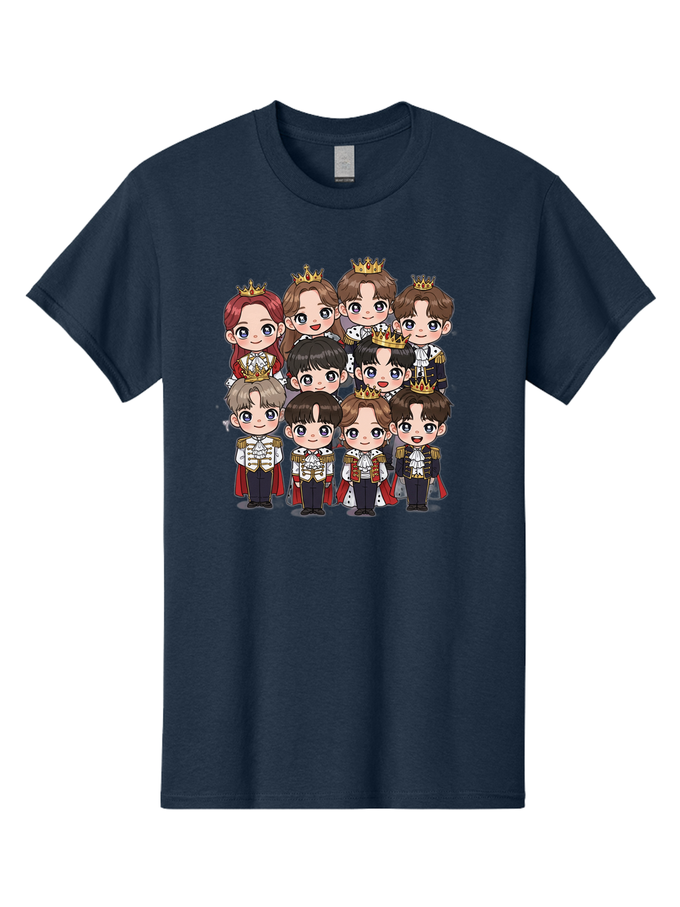 K-Pop-Royalty Men'S Graphic Tee, 100% Cotton, Comfortable Casual Summer Wear, Machine Washable, K-Pop Group, Cartoon Characters, Royal Attire, Crowned Figures, Chibi Style, Cuteness Overload, Idols, Fashion Icons, Cartoon Illustrations Bac103