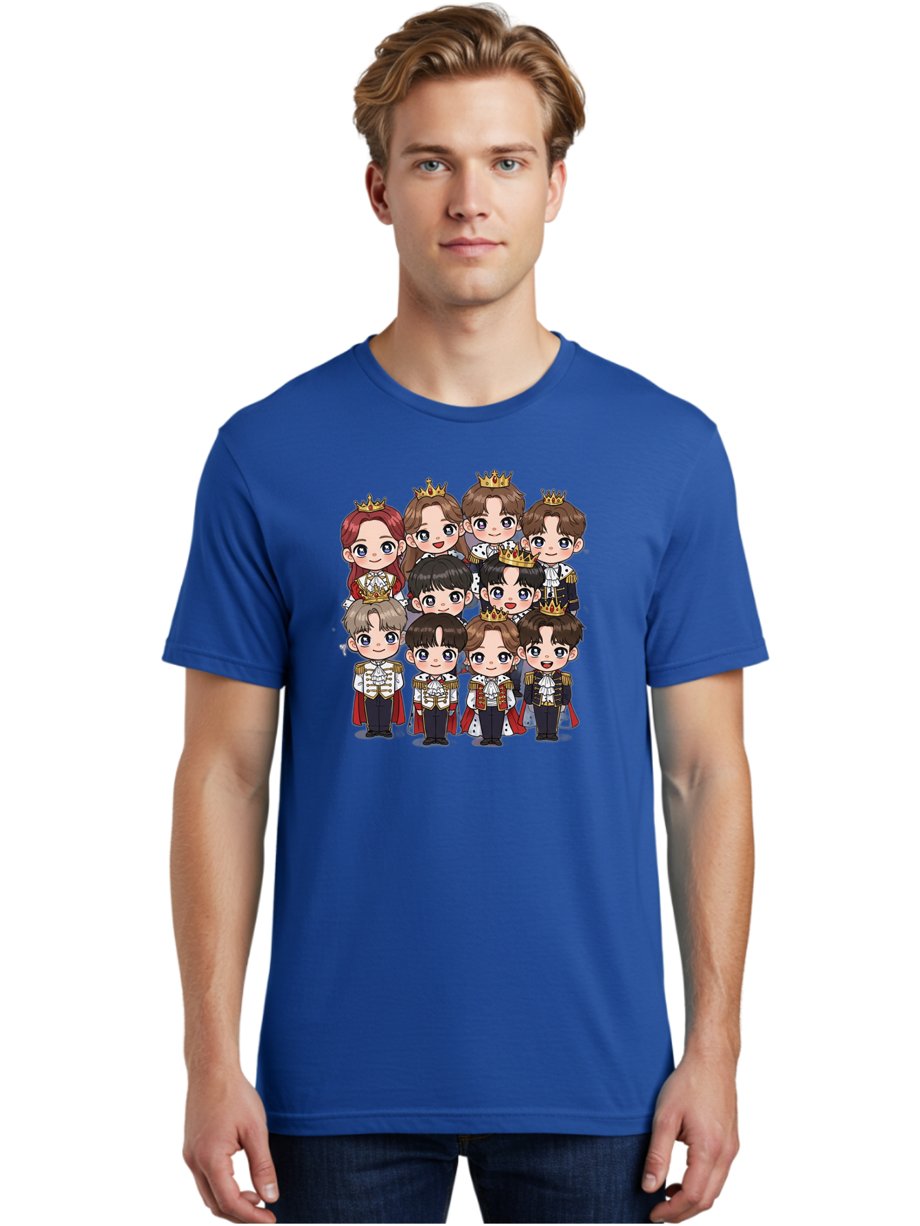 K-Pop-Royalty Men'S Graphic Tee, 100% Cotton, Comfortable Casual Summer Wear, Machine Washable, K-Pop Group, Cartoon Characters, Royal Attire, Crowned Figures, Chibi Style, Cuteness Overload, Idols, Fashion Icons, Cartoon Illustrations Bac103