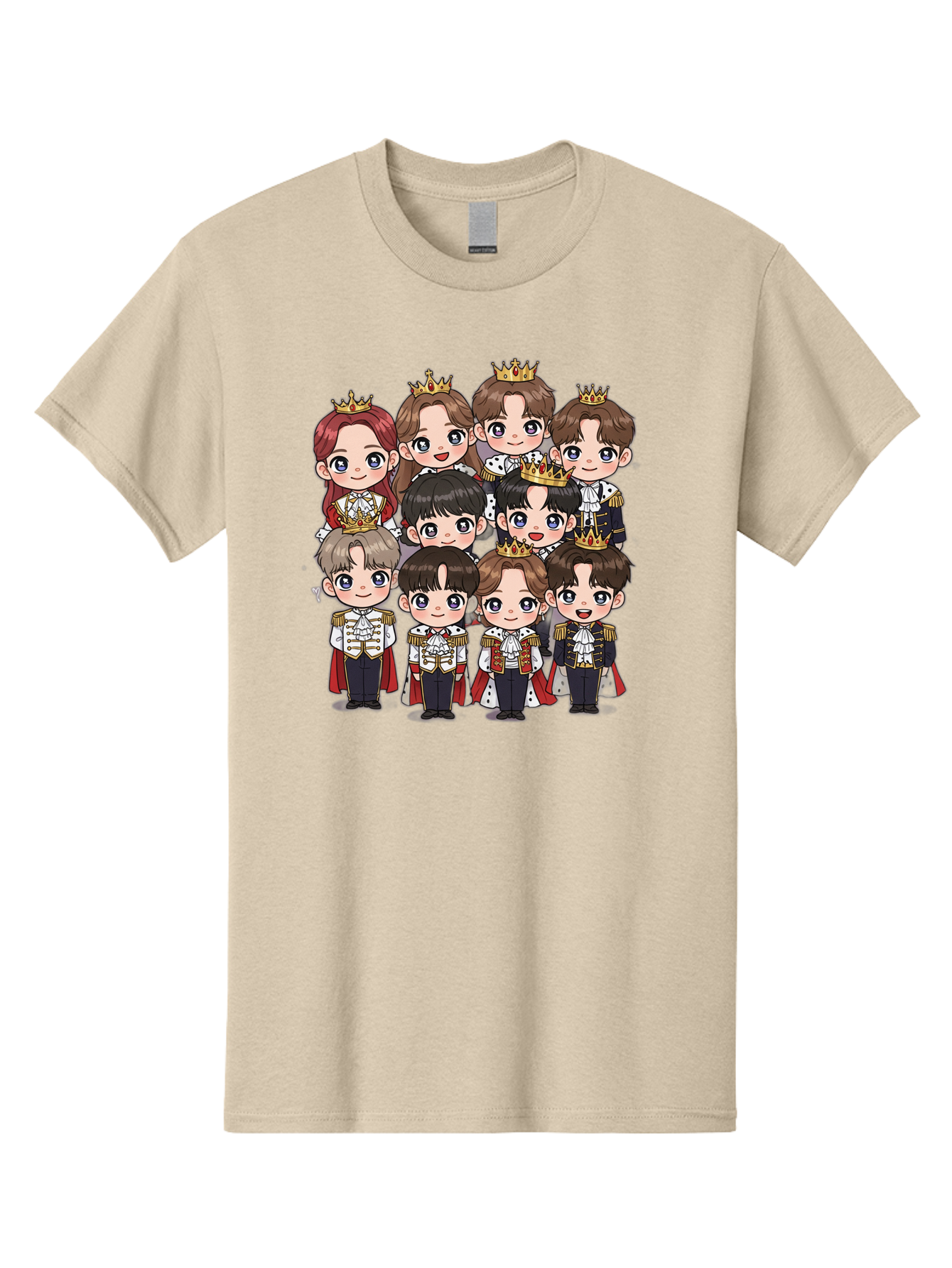 K-Pop-Royalty Men'S Graphic Tee, 100% Cotton, Comfortable Casual Summer Wear, Machine Washable, K-Pop Group, Cartoon Characters, Royal Attire, Crowned Figures, Chibi Style, Cuteness Overload, Idols, Fashion Icons, Cartoon Illustrations Bac103