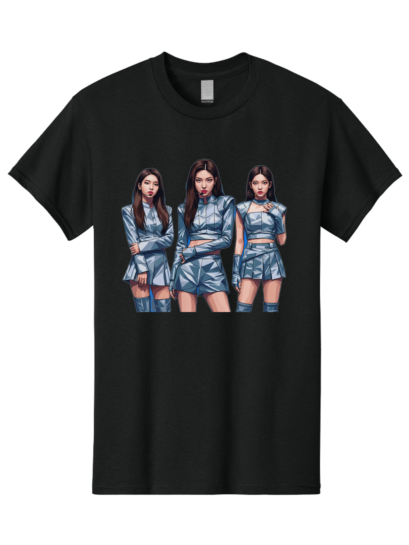 K-Pop-Trio Men'S Graphic Tee, 100% Cotton, Comfortable Casual Summer Wear, Machine Washable, K-Pop Group, Female Idols, Silver Outfits, Futuristic Fashion, Fashion Models, Group Portrait, Pop Art Style, Confident Poses, Long Hair, Bac104