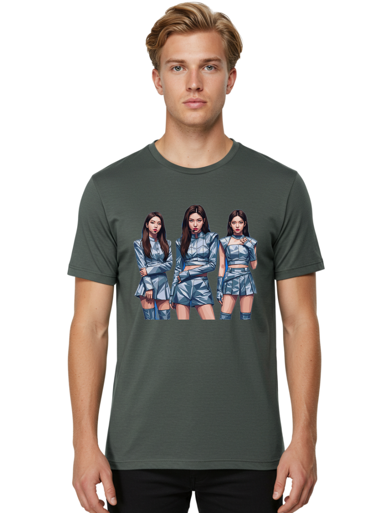 K-Pop-Trio Men'S Graphic Tee, 100% Cotton, Comfortable Casual Summer Wear, Machine Washable, K-Pop Group, Female Idols, Silver Outfits, Futuristic Fashion, Fashion Models, Group Portrait, Pop Art Style, Confident Poses, Long Hair, Bac104