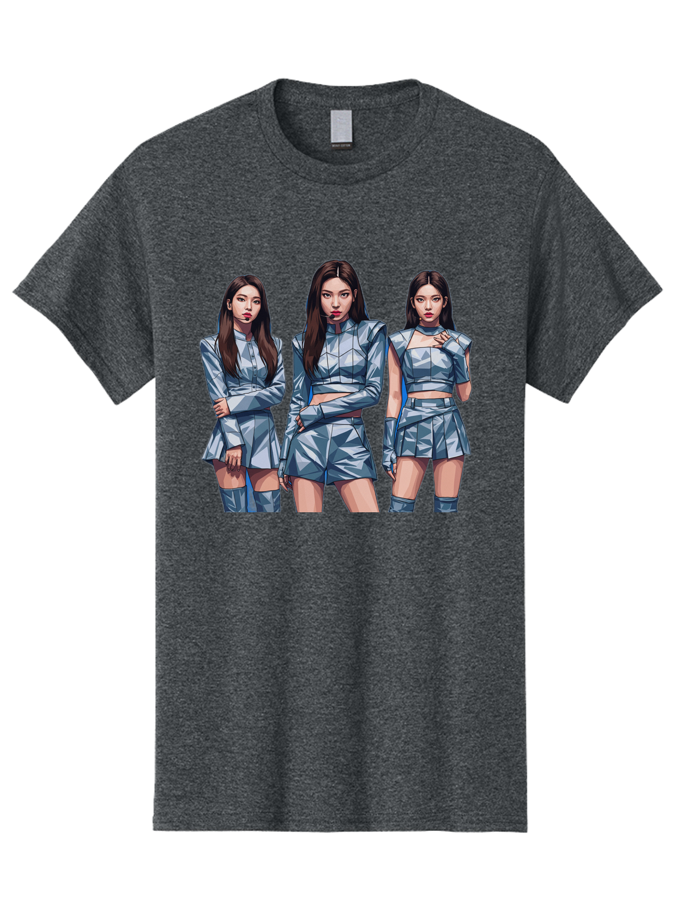 K-Pop-Trio Men'S Graphic Tee, 100% Cotton, Comfortable Casual Summer Wear, Machine Washable, K-Pop Group, Female Idols, Silver Outfits, Futuristic Fashion, Fashion Models, Group Portrait, Pop Art Style, Confident Poses, Long Hair, Bac104