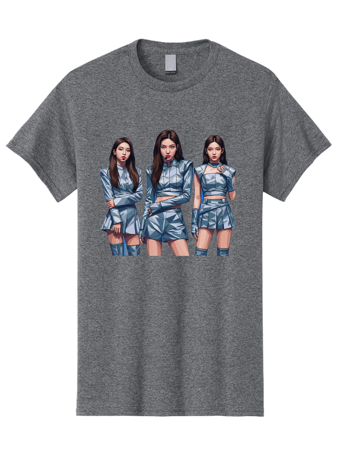 K-Pop-Trio Men'S Graphic Tee, 100% Cotton, Comfortable Casual Summer Wear, Machine Washable, K-Pop Group, Female Idols, Silver Outfits, Futuristic Fashion, Fashion Models, Group Portrait, Pop Art Style, Confident Poses, Long Hair, Bac104