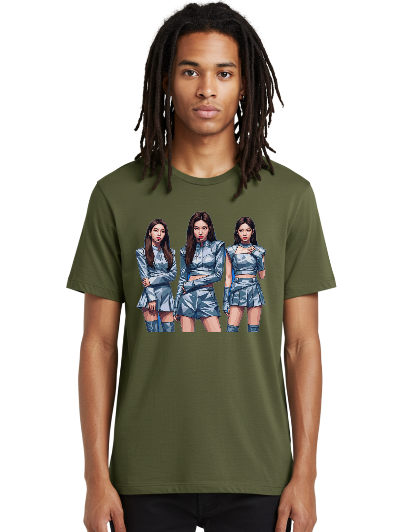 K-Pop-Trio Men'S Graphic Tee, 100% Cotton, Comfortable Casual Summer Wear, Machine Washable, K-Pop Group, Female Idols, Silver Outfits, Futuristic Fashion, Fashion Models, Group Portrait, Pop Art Style, Confident Poses, Long Hair, Bac104