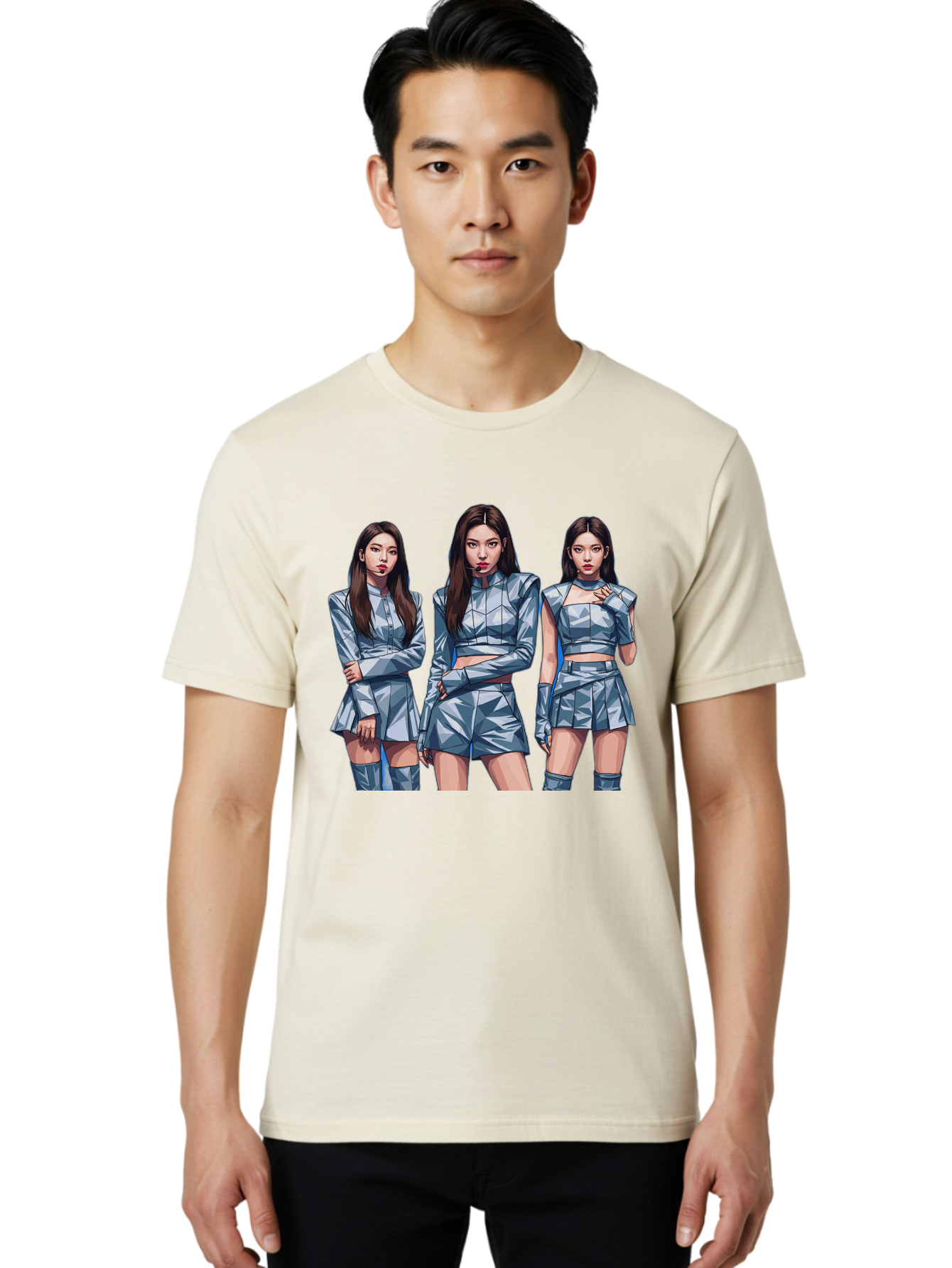 K-Pop-Trio Men'S Graphic Tee, 100% Cotton, Comfortable Casual Summer Wear, Machine Washable, K-Pop Group, Female Idols, Silver Outfits, Futuristic Fashion, Fashion Models, Group Portrait, Pop Art Style, Confident Poses, Long Hair, Bac104
