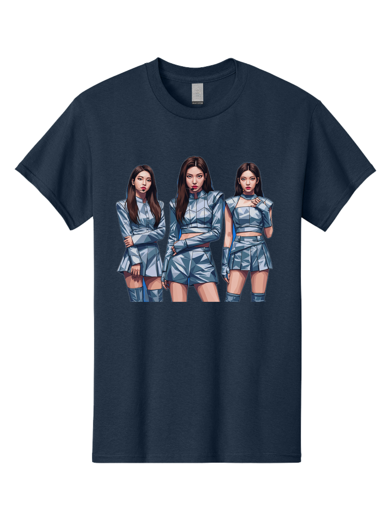 K-Pop-Trio Men'S Graphic Tee, 100% Cotton, Comfortable Casual Summer Wear, Machine Washable, K-Pop Group, Female Idols, Silver Outfits, Futuristic Fashion, Fashion Models, Group Portrait, Pop Art Style, Confident Poses, Long Hair, Bac104