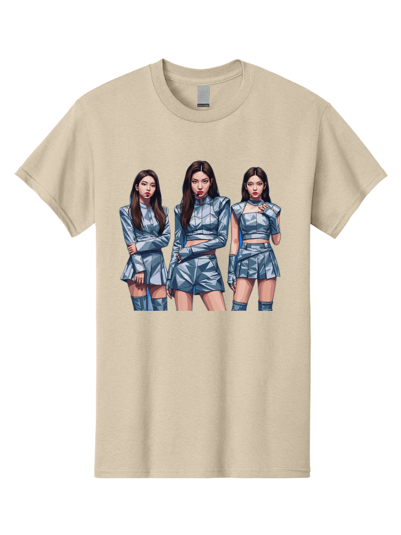 K-Pop-Trio Men'S Graphic Tee, 100% Cotton, Comfortable Casual Summer Wear, Machine Washable, K-Pop Group, Female Idols, Silver Outfits, Futuristic Fashion, Fashion Models, Group Portrait, Pop Art Style, Confident Poses, Long Hair, Bac104