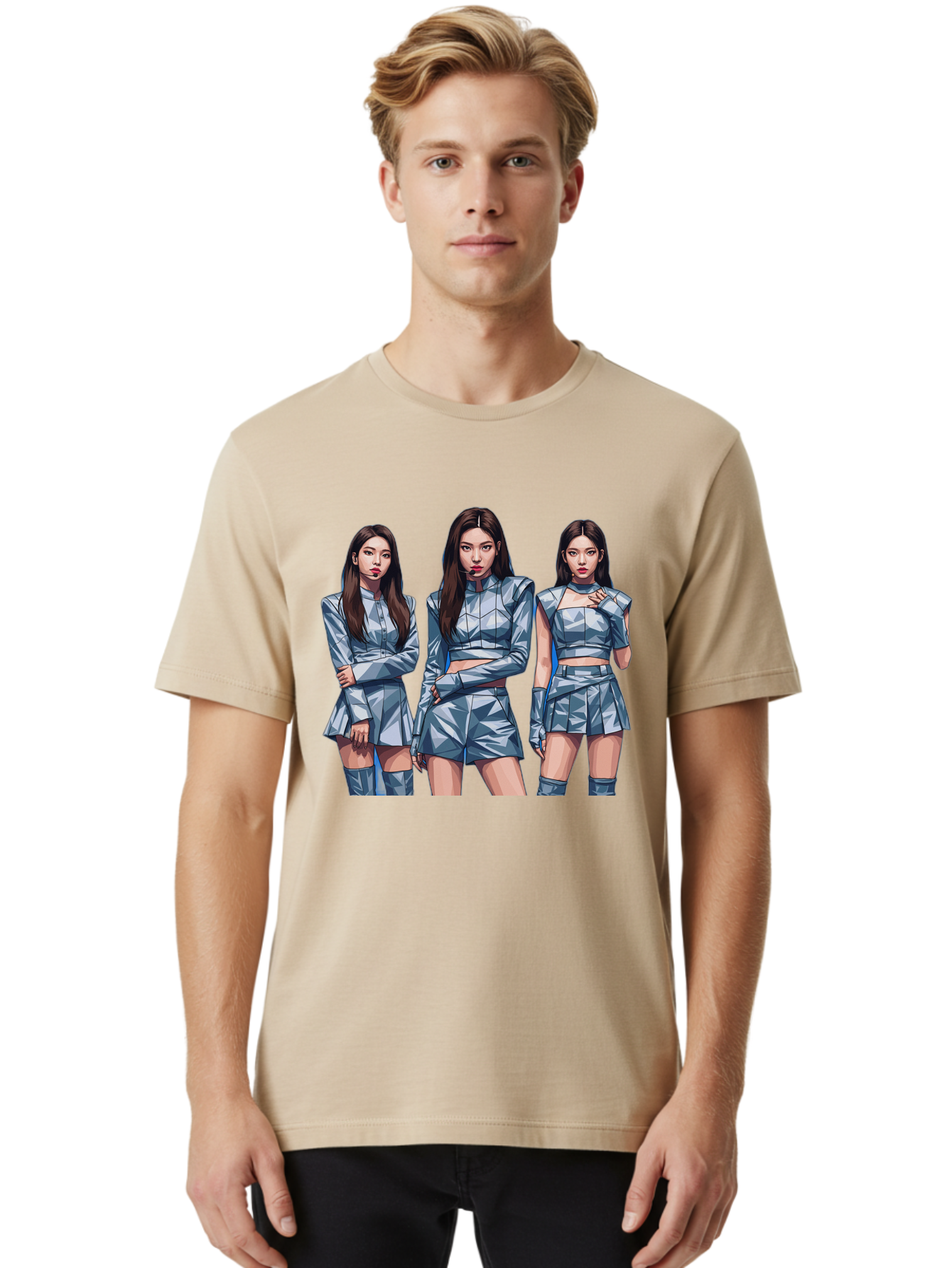 K-Pop-Trio Men'S Graphic Tee, 100% Cotton, Comfortable Casual Summer Wear, Machine Washable, K-Pop Group, Female Idols, Silver Outfits, Futuristic Fashion, Fashion Models, Group Portrait, Pop Art Style, Confident Poses, Long Hair, Bac104