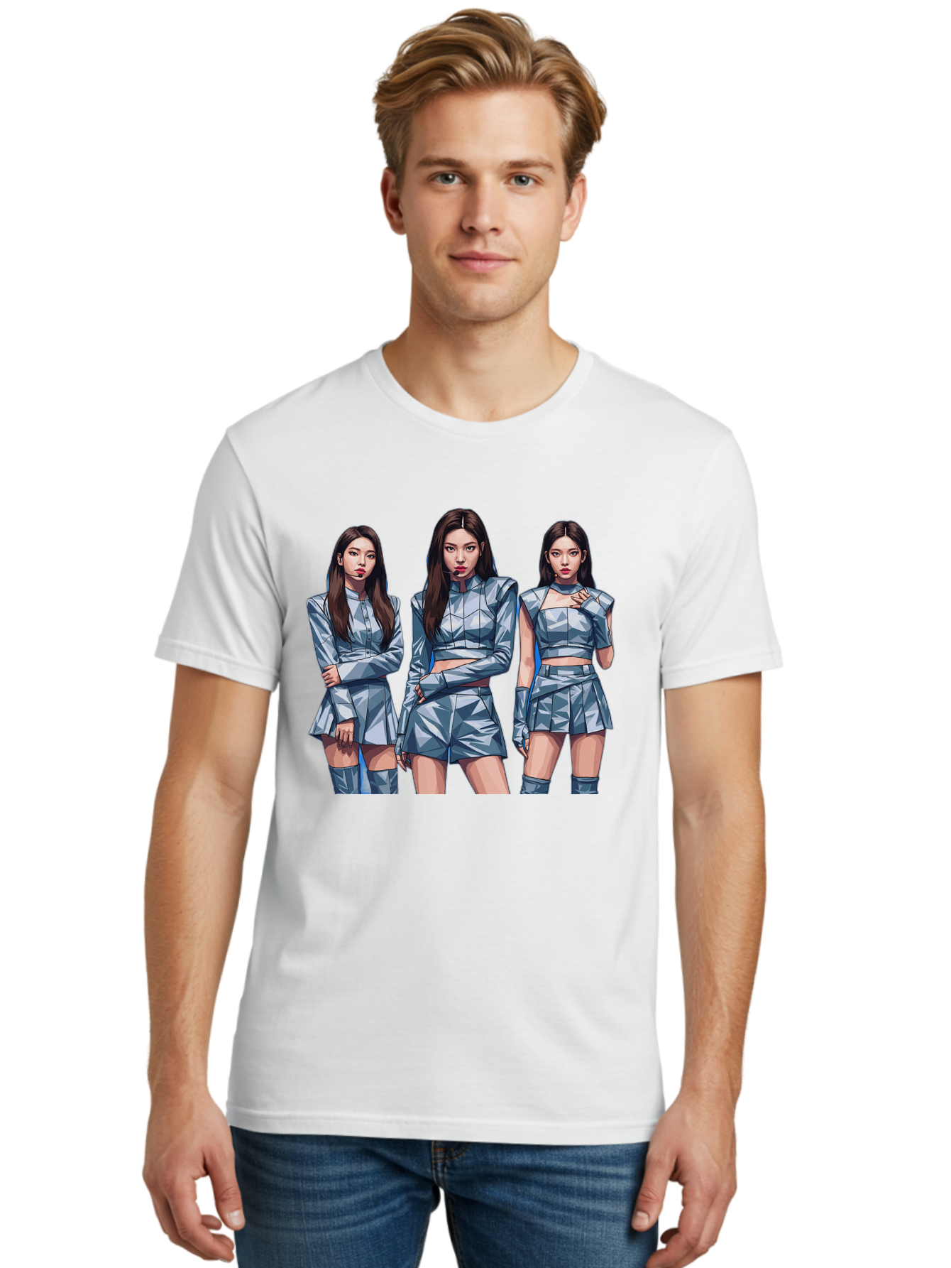 K-Pop-Trio Men'S Graphic Tee, 100% Cotton, Comfortable Casual Summer Wear, Machine Washable, K-Pop Group, Female Idols, Silver Outfits, Futuristic Fashion, Fashion Models, Group Portrait, Pop Art Style, Confident Poses, Long Hair, Bac104