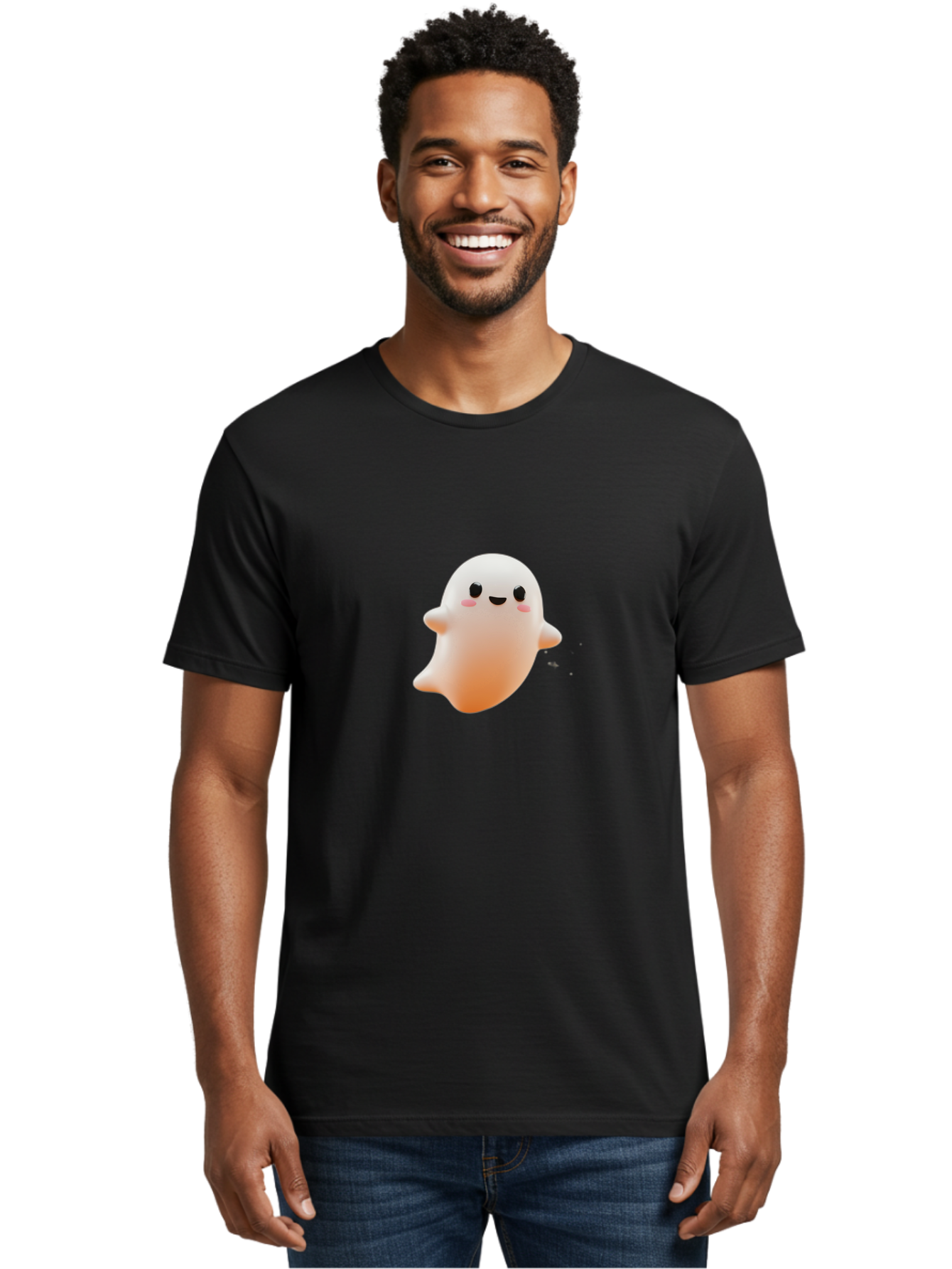 Kawaii-Ghost Men'S Graphic Tee, 100% Cotton, Comfortable Casual Summer Wear, Machine Washable, Cartoon Ghost, Cute Character, Adorable Design, Smiling Face, Pink Cheeks, White Ghost, Kawaii Art, Friendly Spirit, Halloween Character Bac105