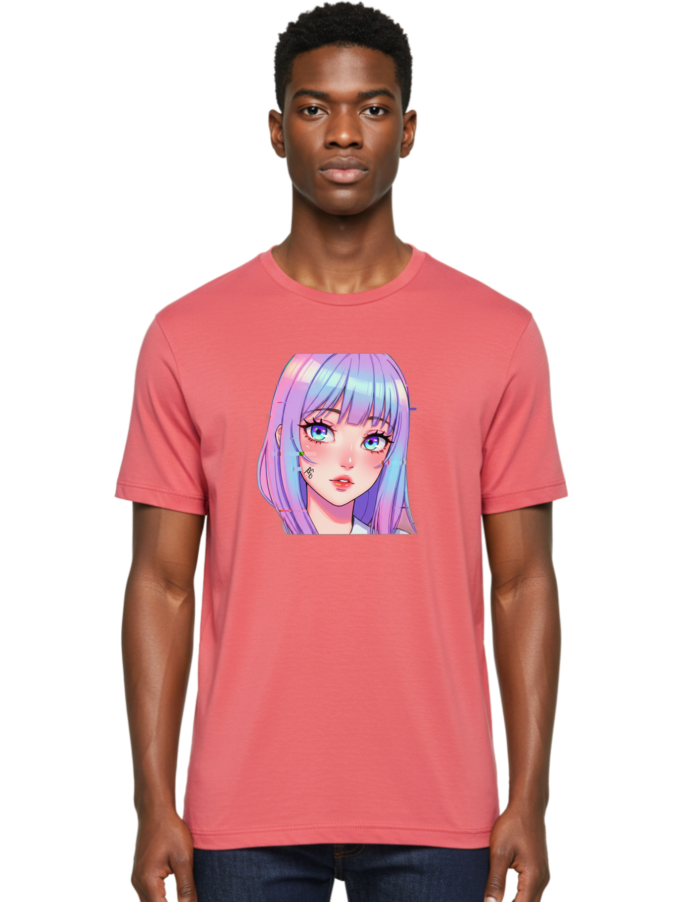 Kawaii-Girl-With-Freckles Men'S Graphic Tee, 100% Cotton, Comfortable Casual Summer Wear, Machine Washable, Anime Girl, Pastel Hair, Vibrant Eyes, Facial Tattoo, Kawaii Aesthetic, Manga Style, Digital Art, Cartoon Character, Bac106