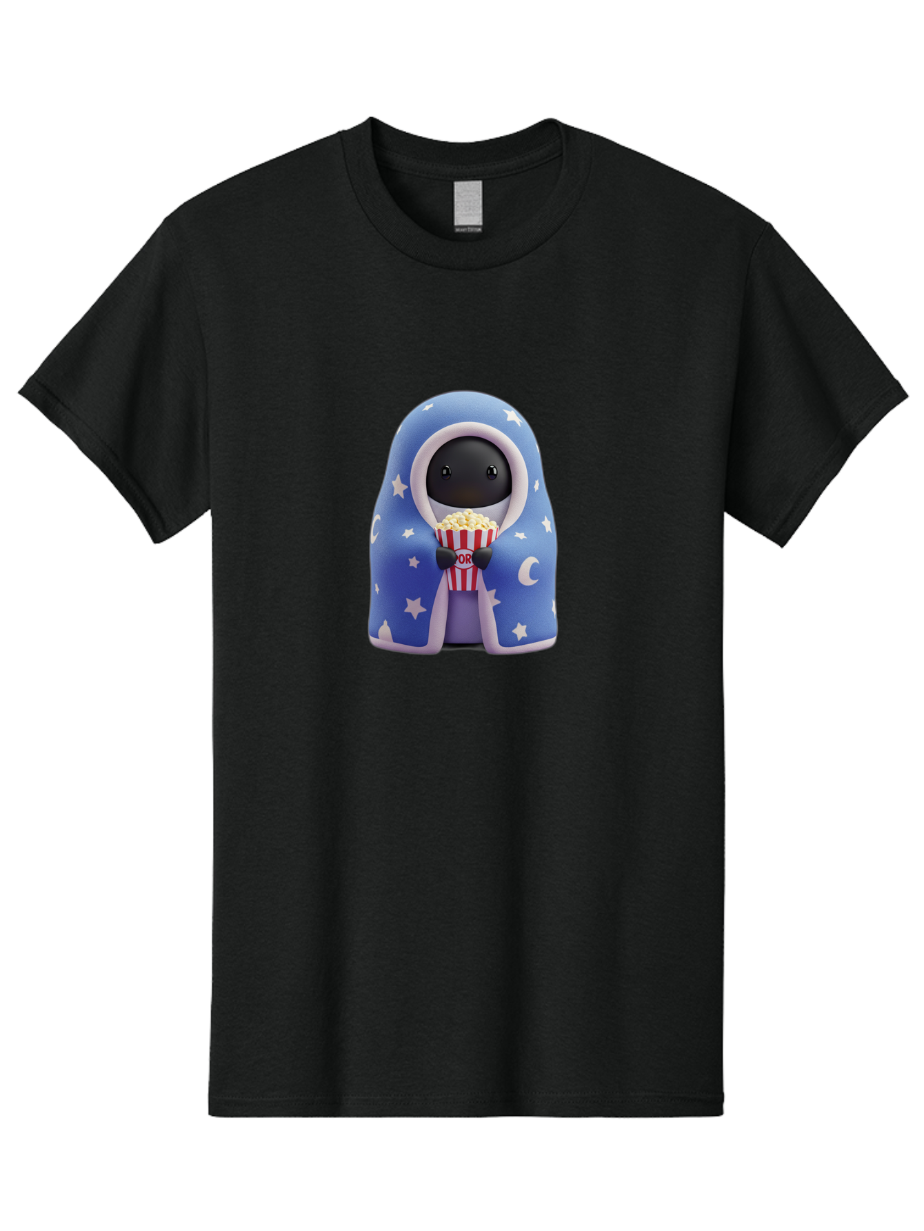 Kaws-Companion Men'S Graphic Tee, 100% Cotton, Comfortable Casual Summer Wear, Machine Washable, Cartoon Character, Blue Robe With Stars, Holding Popcorn, Moon Symbol, Night Theme, Cute Design, Whimsical, Pop Culture, Relaxed, Casual, Bac107