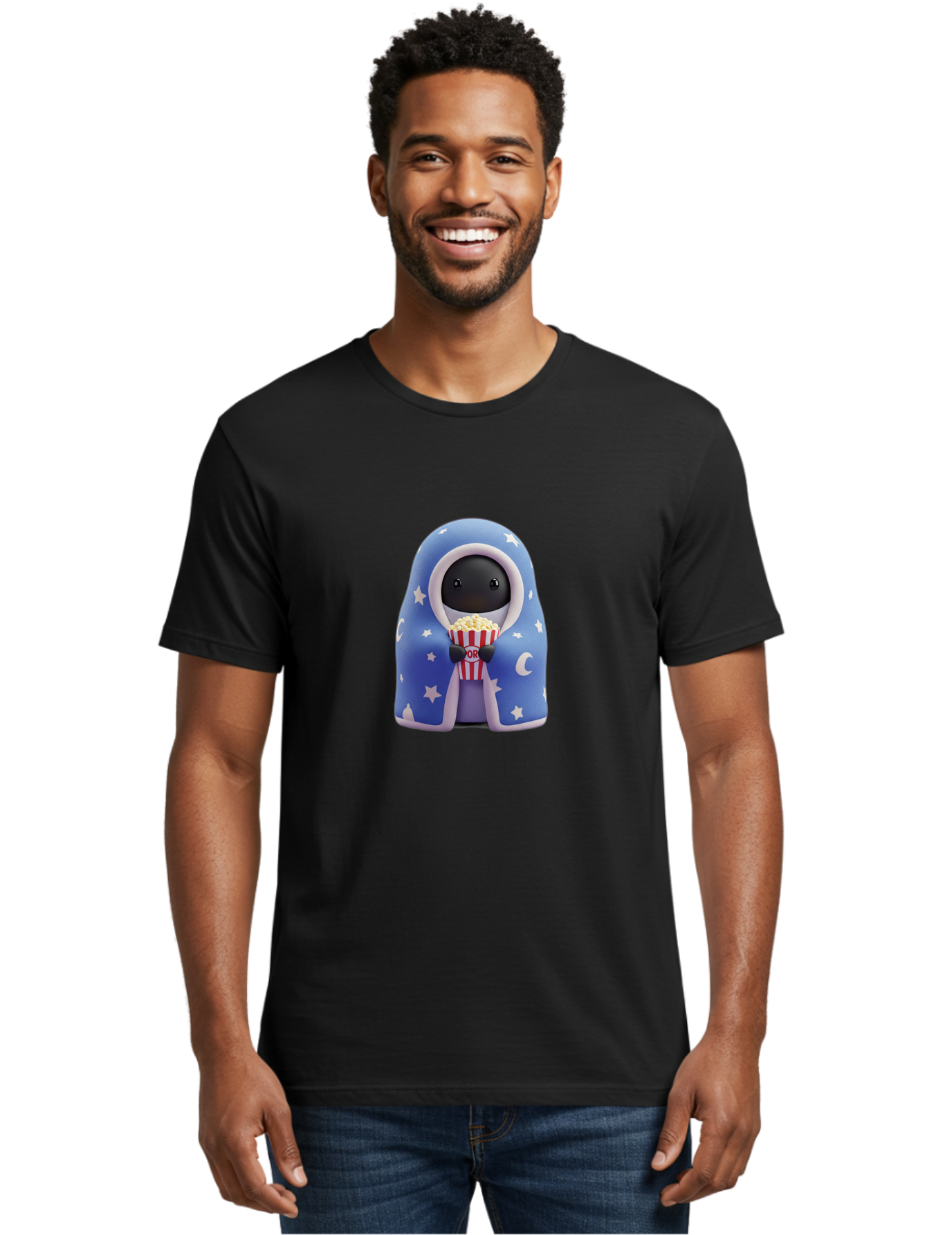 Kaws-Companion Men'S Graphic Tee, 100% Cotton, Comfortable Casual Summer Wear, Machine Washable, Cartoon Character, Blue Robe With Stars, Holding Popcorn, Moon Symbol, Night Theme, Cute Design, Whimsical, Pop Culture, Relaxed, Casual, Bac107
