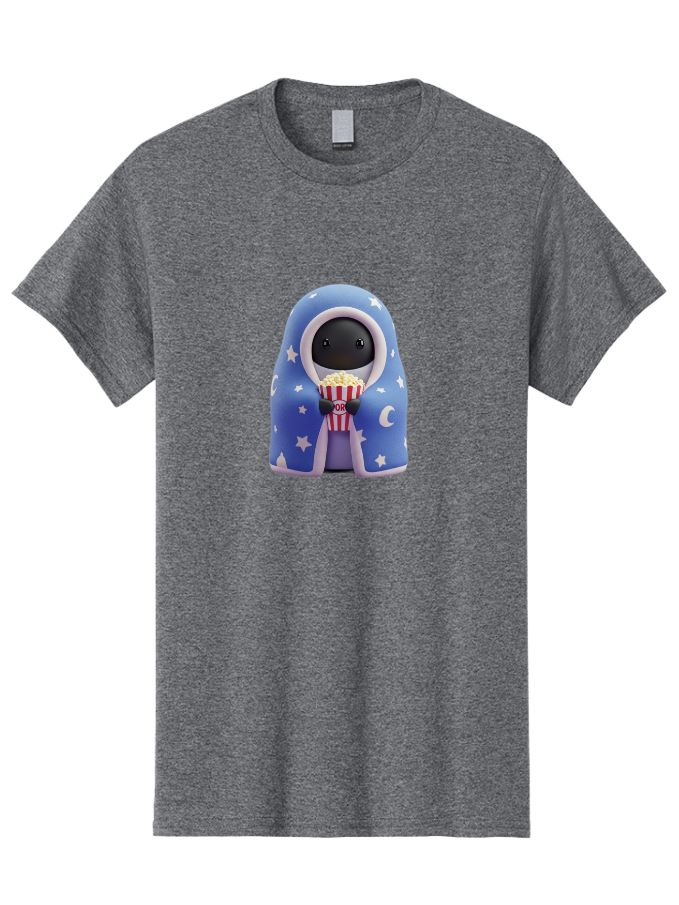 Kaws-Companion Men'S Graphic Tee, 100% Cotton, Comfortable Casual Summer Wear, Machine Washable, Cartoon Character, Blue Robe With Stars, Holding Popcorn, Moon Symbol, Night Theme, Cute Design, Whimsical, Pop Culture, Relaxed, Casual, Bac107