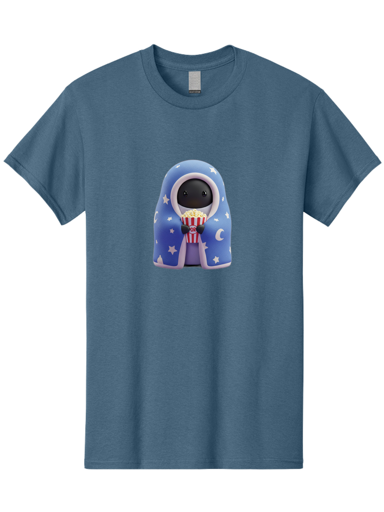 Kaws-Companion Men'S Graphic Tee, 100% Cotton, Comfortable Casual Summer Wear, Machine Washable, Cartoon Character, Blue Robe With Stars, Holding Popcorn, Moon Symbol, Night Theme, Cute Design, Whimsical, Pop Culture, Relaxed, Casual, Bac107