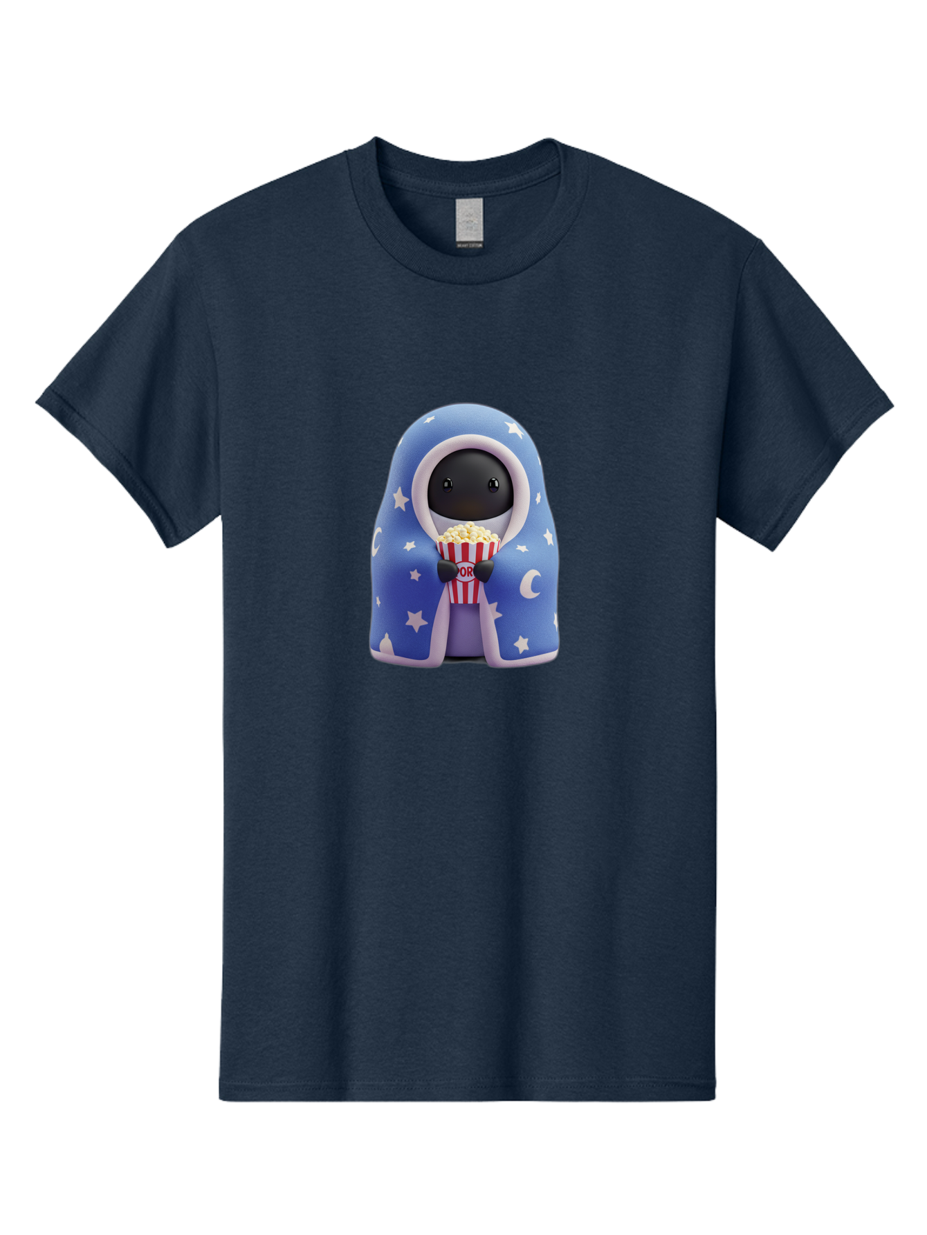 Kaws-Companion Men'S Graphic Tee, 100% Cotton, Comfortable Casual Summer Wear, Machine Washable, Cartoon Character, Blue Robe With Stars, Holding Popcorn, Moon Symbol, Night Theme, Cute Design, Whimsical, Pop Culture, Relaxed, Casual, Bac107