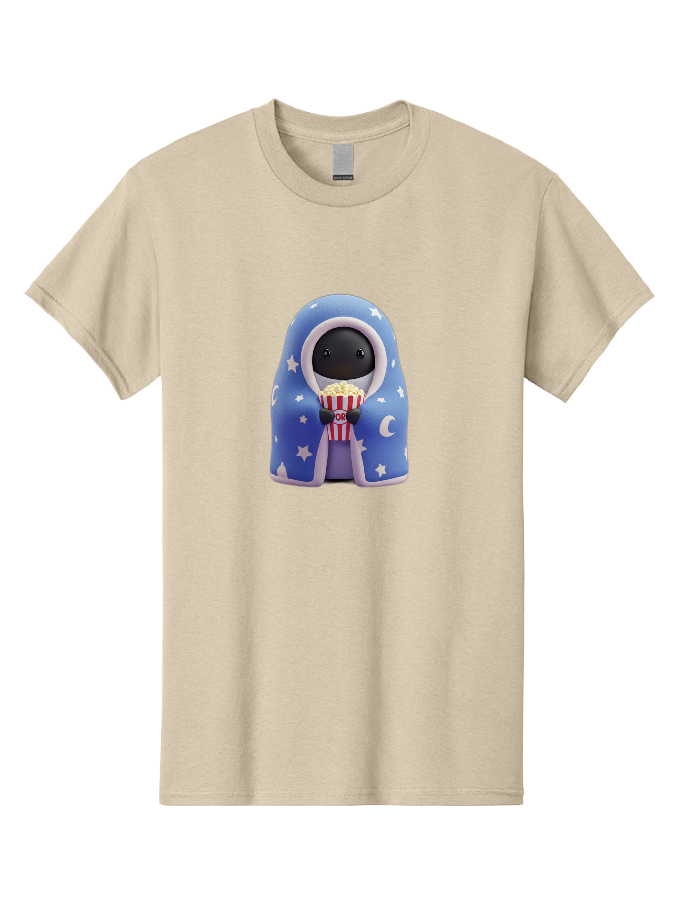 Kaws-Companion Men'S Graphic Tee, 100% Cotton, Comfortable Casual Summer Wear, Machine Washable, Cartoon Character, Blue Robe With Stars, Holding Popcorn, Moon Symbol, Night Theme, Cute Design, Whimsical, Pop Culture, Relaxed, Casual, Bac107
