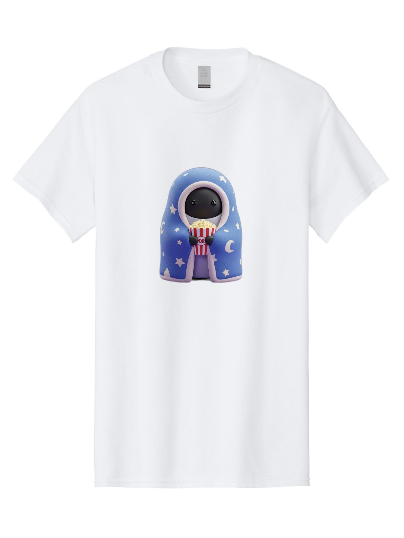 Kaws-Companion Men'S Graphic Tee, 100% Cotton, Comfortable Casual Summer Wear, Machine Washable, Cartoon Character, Blue Robe With Stars, Holding Popcorn, Moon Symbol, Night Theme, Cute Design, Whimsical, Pop Culture, Relaxed, Casual, Bac107