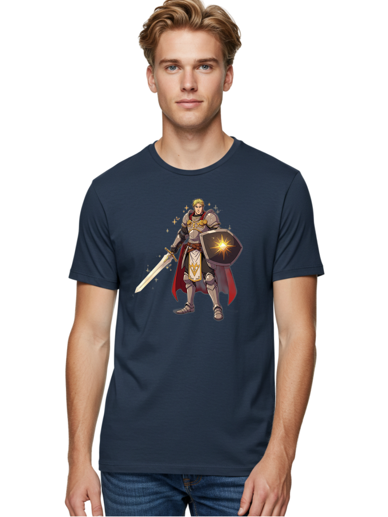 Knight-Templar Men'S Graphic Tee, 100% Cotton, Comfortable Casual Summer Wear, Machine Washable, Knight Templar, Masonic Knight, Armor, Sword, Shield, Freemason Symbol, Gold Accents, Red Cape, Blonde Hair, Sacred Geometry, Spiritual Warrior, Bac108