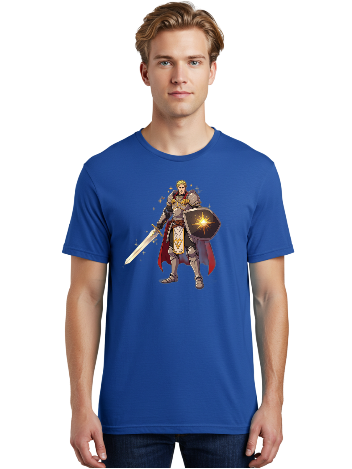 Knight-Templar Men'S Graphic Tee, 100% Cotton, Comfortable Casual Summer Wear, Machine Washable, Knight Templar, Masonic Knight, Armor, Sword, Shield, Freemason Symbol, Gold Accents, Red Cape, Blonde Hair, Sacred Geometry, Spiritual Warrior, Bac108
