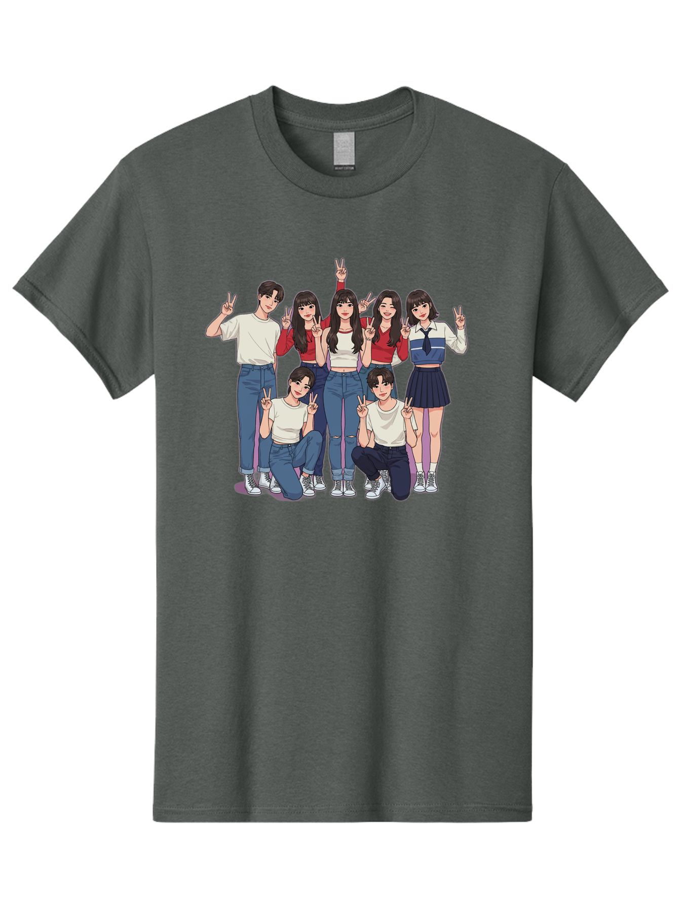 Kpop-Group Men'S Graphic Tee, 100% Cotton, Comfortable Casual Summer Wear, Machine Washable, Group Of Friends, Casual Clothing, Peace Signs, Happy Faces, Cartoon Style, Youth Culture, Friendship, Togetherness, Harmony, Trendy Outfits Bac109