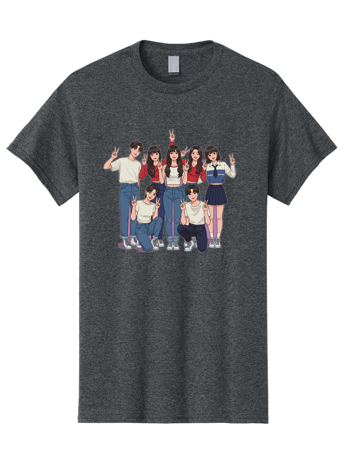 Kpop-Group Men'S Graphic Tee, 100% Cotton, Comfortable Casual Summer Wear, Machine Washable, Group Of Friends, Casual Clothing, Peace Signs, Happy Faces, Cartoon Style, Youth Culture, Friendship, Togetherness, Harmony, Trendy Outfits Bac109