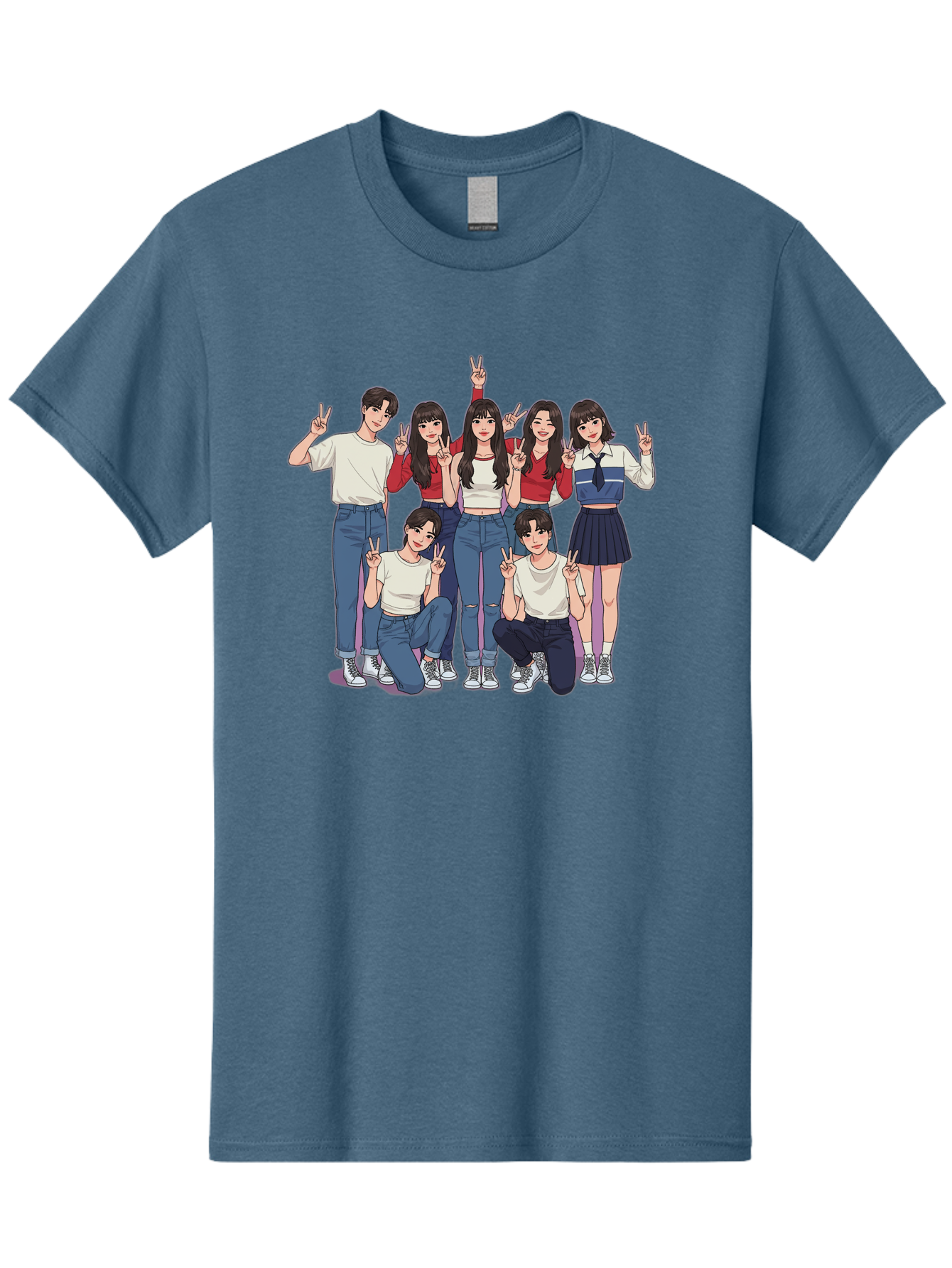 Kpop-Group Men'S Graphic Tee, 100% Cotton, Comfortable Casual Summer Wear, Machine Washable, Group Of Friends, Casual Clothing, Peace Signs, Happy Faces, Cartoon Style, Youth Culture, Friendship, Togetherness, Harmony, Trendy Outfits Bac109