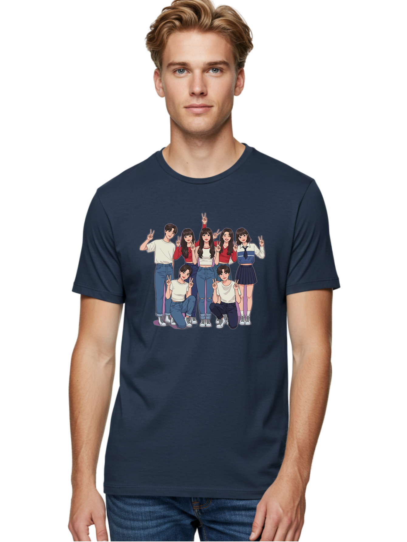 Kpop-Group Men'S Graphic Tee, 100% Cotton, Comfortable Casual Summer Wear, Machine Washable, Group Of Friends, Casual Clothing, Peace Signs, Happy Faces, Cartoon Style, Youth Culture, Friendship, Togetherness, Harmony, Trendy Outfits Bac109