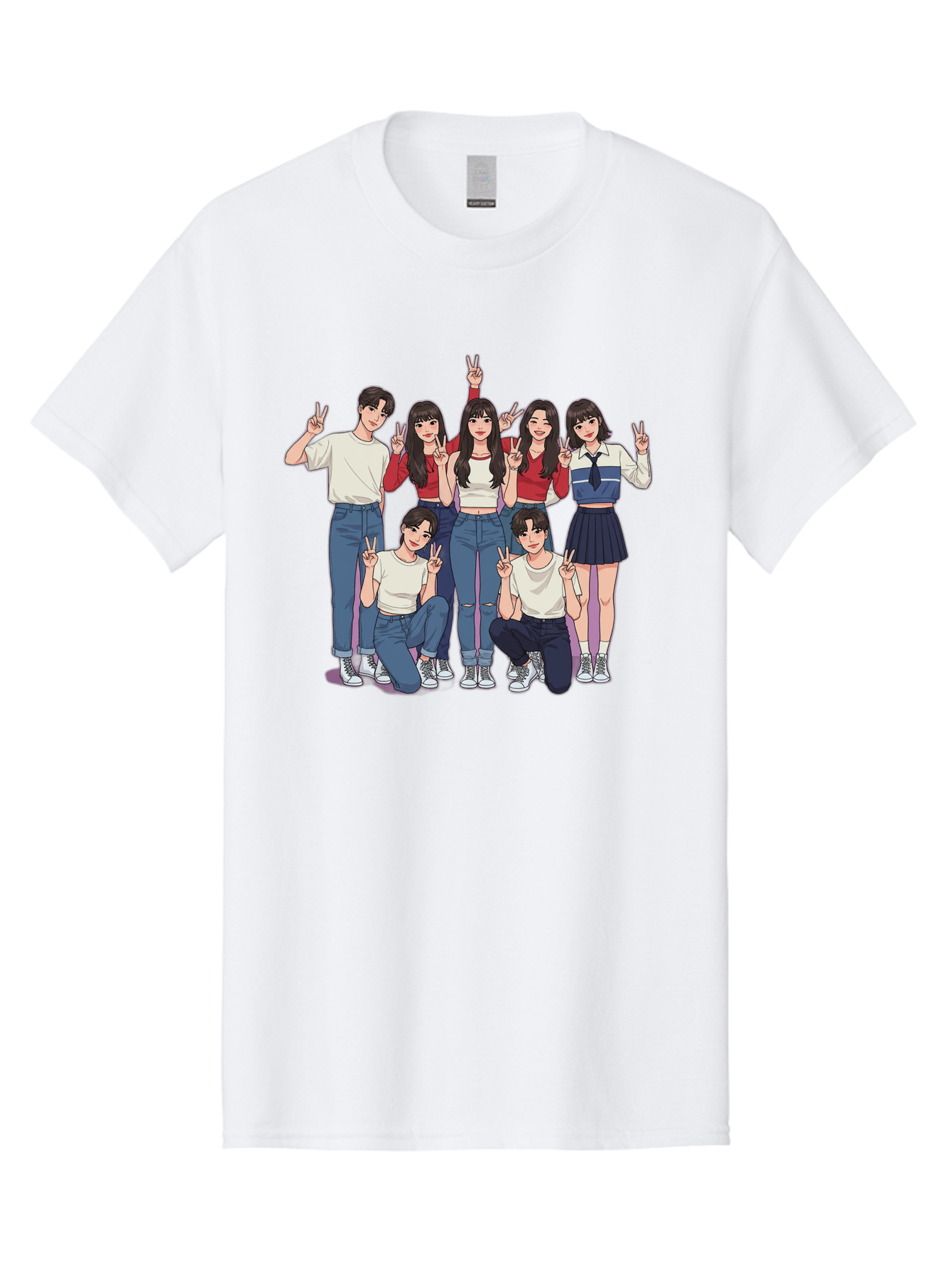 Kpop-Group Men'S Graphic Tee, 100% Cotton, Comfortable Casual Summer Wear, Machine Washable, Group Of Friends, Casual Clothing, Peace Signs, Happy Faces, Cartoon Style, Youth Culture, Friendship, Togetherness, Harmony, Trendy Outfits Bac109