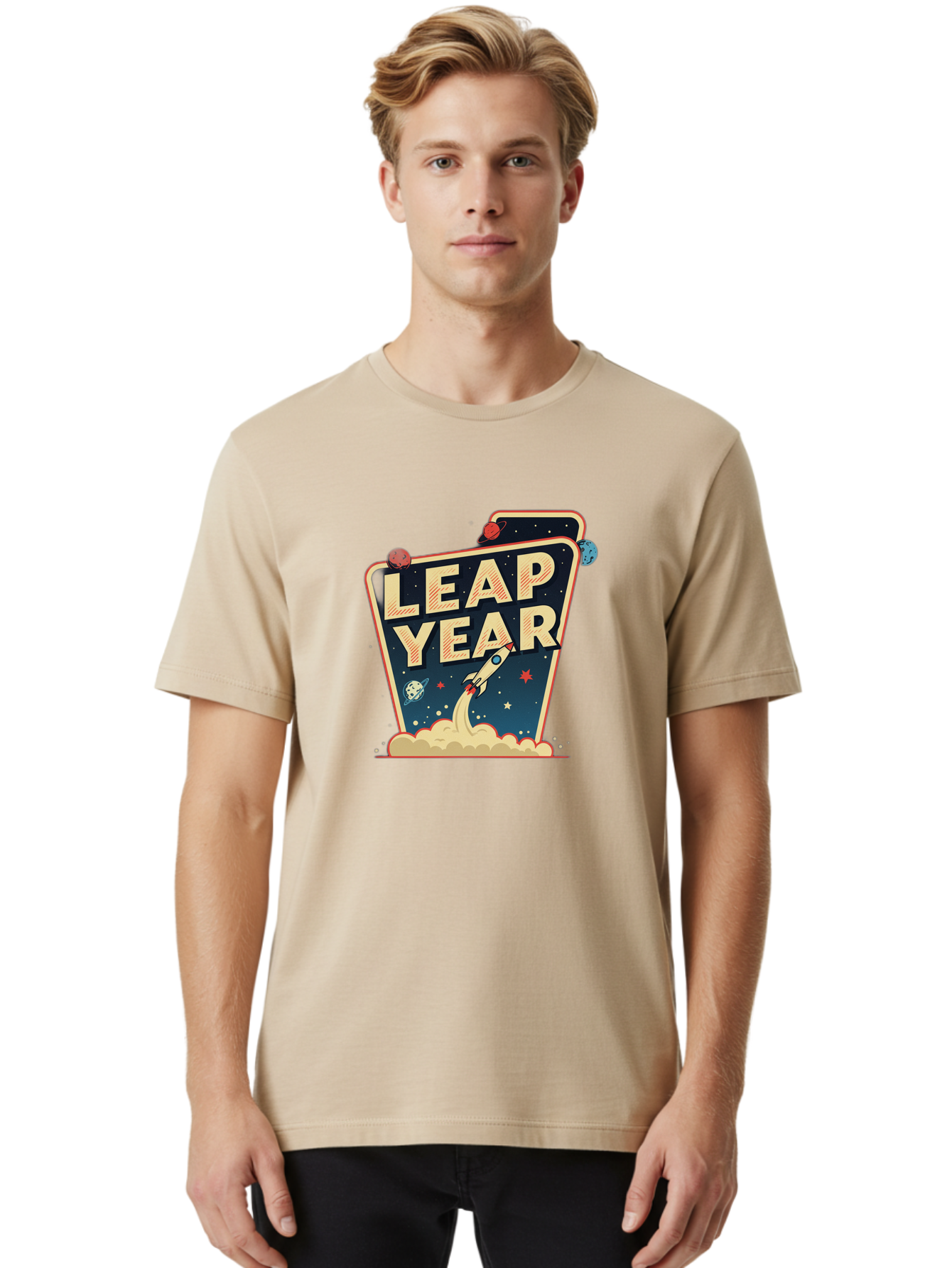 Leap-Year-1 Men'S Graphic Tee, 100% Cotton, Comfortable Casual Summer Wear, Machine Washable, Leap Year, Rocket Ship, Space Travel, Stars, Planets, Celestial Bodies, Retro-Futuristic, Vintage Space, Space Exploration, Launch Sequence Bac111