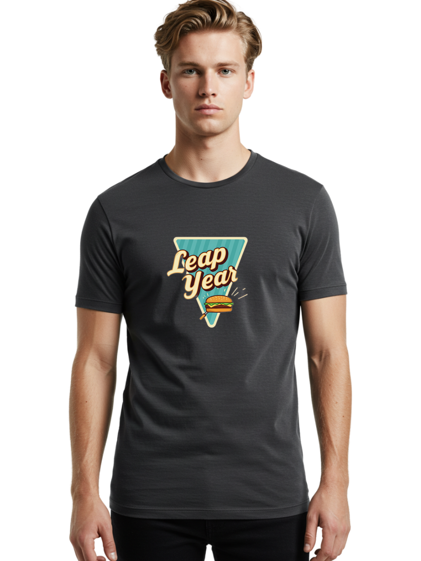 Leap-Year-2 Men'S Graphic Tee, 100% Cotton, Comfortable Casual Summer Wear, Machine Washable, Leap Year, Burger On A Fork, Cartoon Burger, Fun Food, Quirky Design, Playful Graphics, Vintage Style, Retro Illustration, Fun Concept Bac112