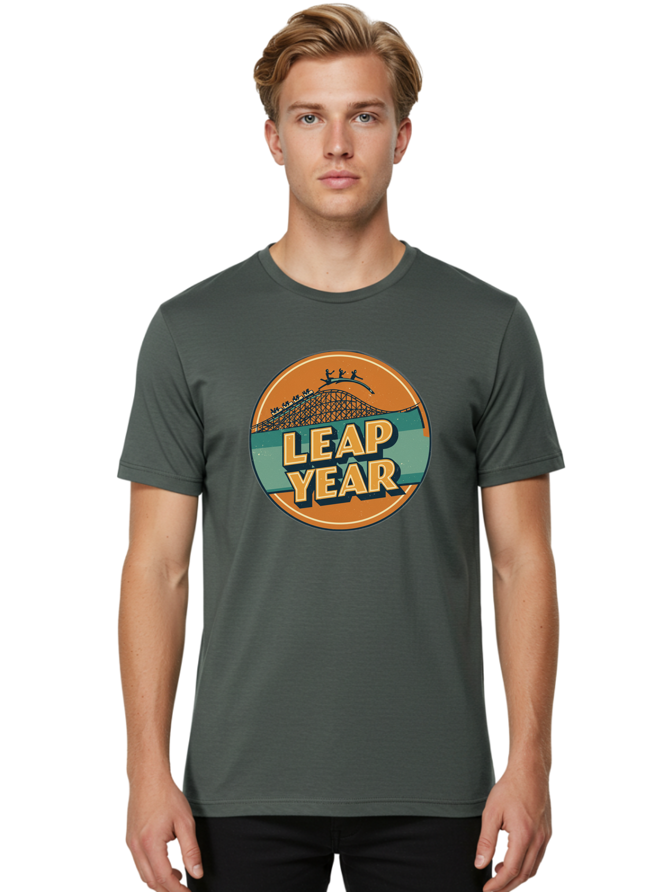 Leap-Year-3 Men'S Graphic Tee, 100% Cotton, Comfortable Casual Summer Wear, Machine Washable, Leap Year, Roller Coaster, Amusement Park, Thrill Ride, Adventure, Excitement, Fun, Joyful Leaps Bac113