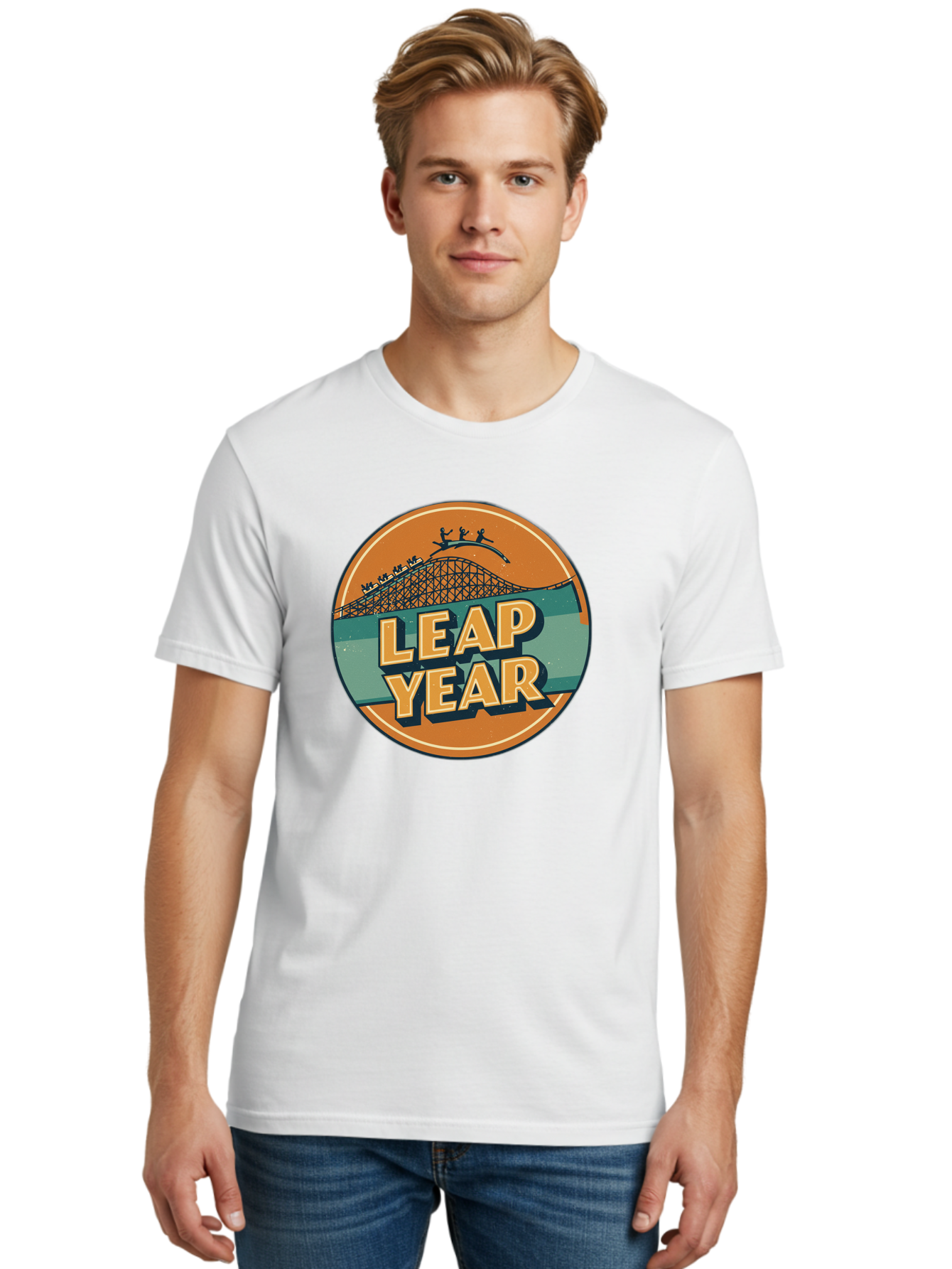 Leap-Year-3 Men'S Graphic Tee, 100% Cotton, Comfortable Casual Summer Wear, Machine Washable, Leap Year, Roller Coaster, Amusement Park, Thrill Ride, Adventure, Excitement, Fun, Joyful Leaps Bac113