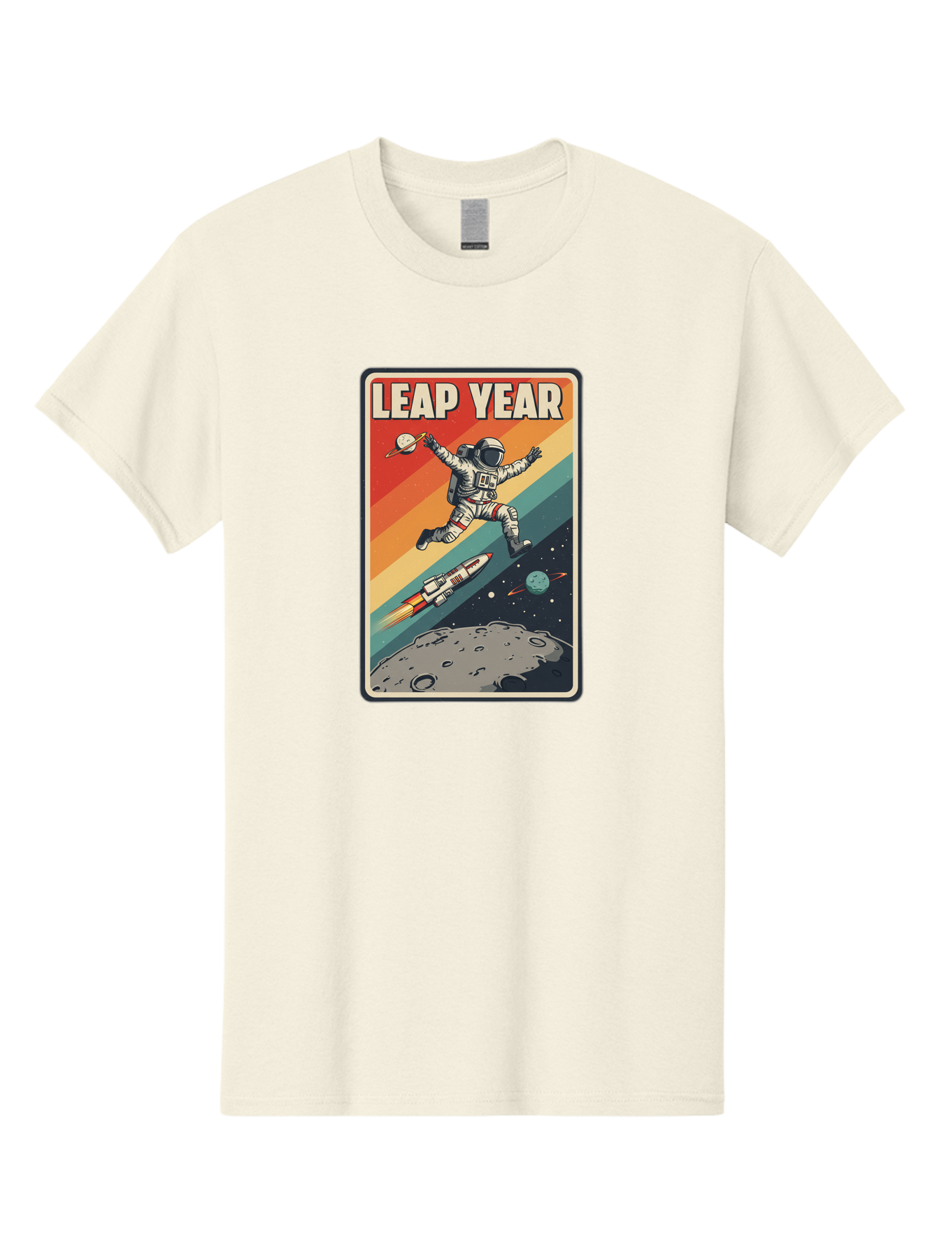 Leap-Year-5 Men'S Graphic Tee, 100% Cotton, Comfortable Casual Summer Wear, Machine Washable, Astronaut Jumping In Space, Retro-Style Poster, Space Exploration, Vintage Graphics, Astronaut In Mid-Air, Rocket Ship In The Background, Bac115