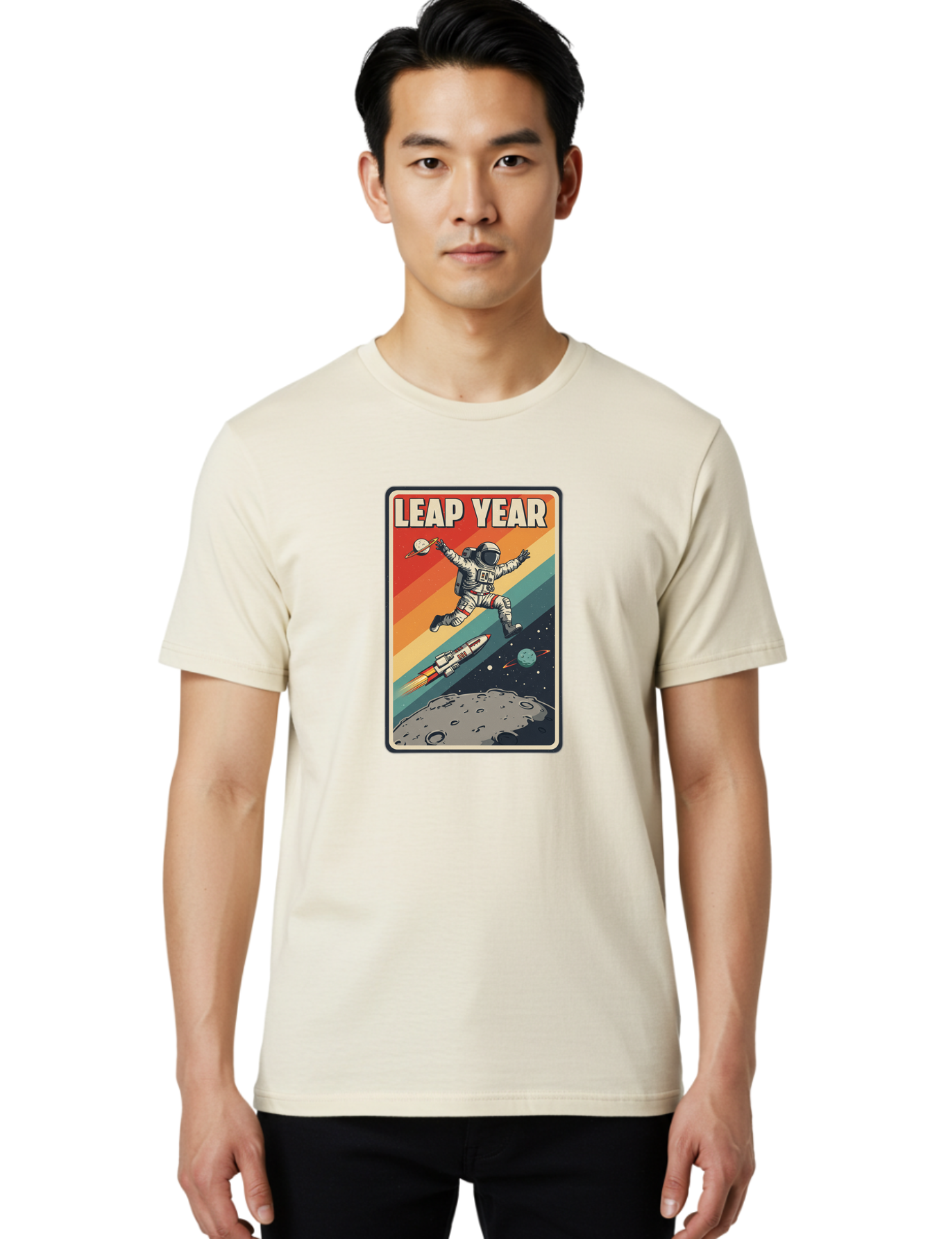 Leap-Year-5 Men'S Graphic Tee, 100% Cotton, Comfortable Casual Summer Wear, Machine Washable, Astronaut Jumping In Space, Retro-Style Poster, Space Exploration, Vintage Graphics, Astronaut In Mid-Air, Rocket Ship In The Background, Bac115