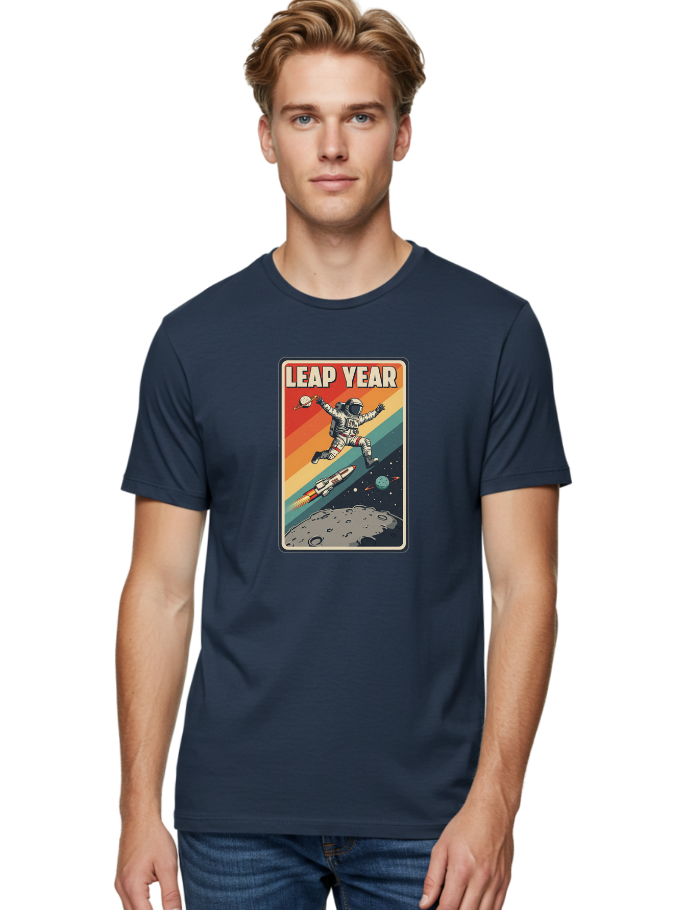 Leap-Year-5 Men'S Graphic Tee, 100% Cotton, Comfortable Casual Summer Wear, Machine Washable, Astronaut Jumping In Space, Retro-Style Poster, Space Exploration, Vintage Graphics, Astronaut In Mid-Air, Rocket Ship In The Background, Bac115