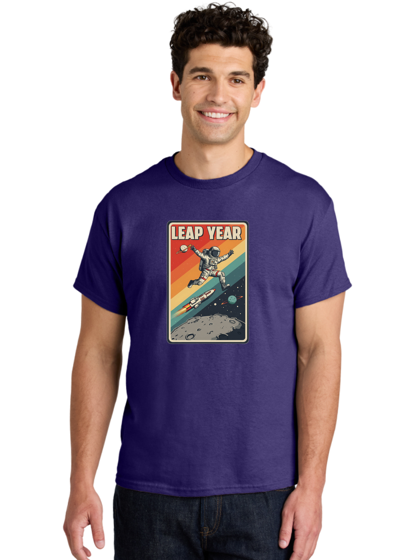 Leap-Year-5 Men'S Graphic Tee, 100% Cotton, Comfortable Casual Summer Wear, Machine Washable, Astronaut Jumping In Space, Retro-Style Poster, Space Exploration, Vintage Graphics, Astronaut In Mid-Air, Rocket Ship In The Background, Bac115