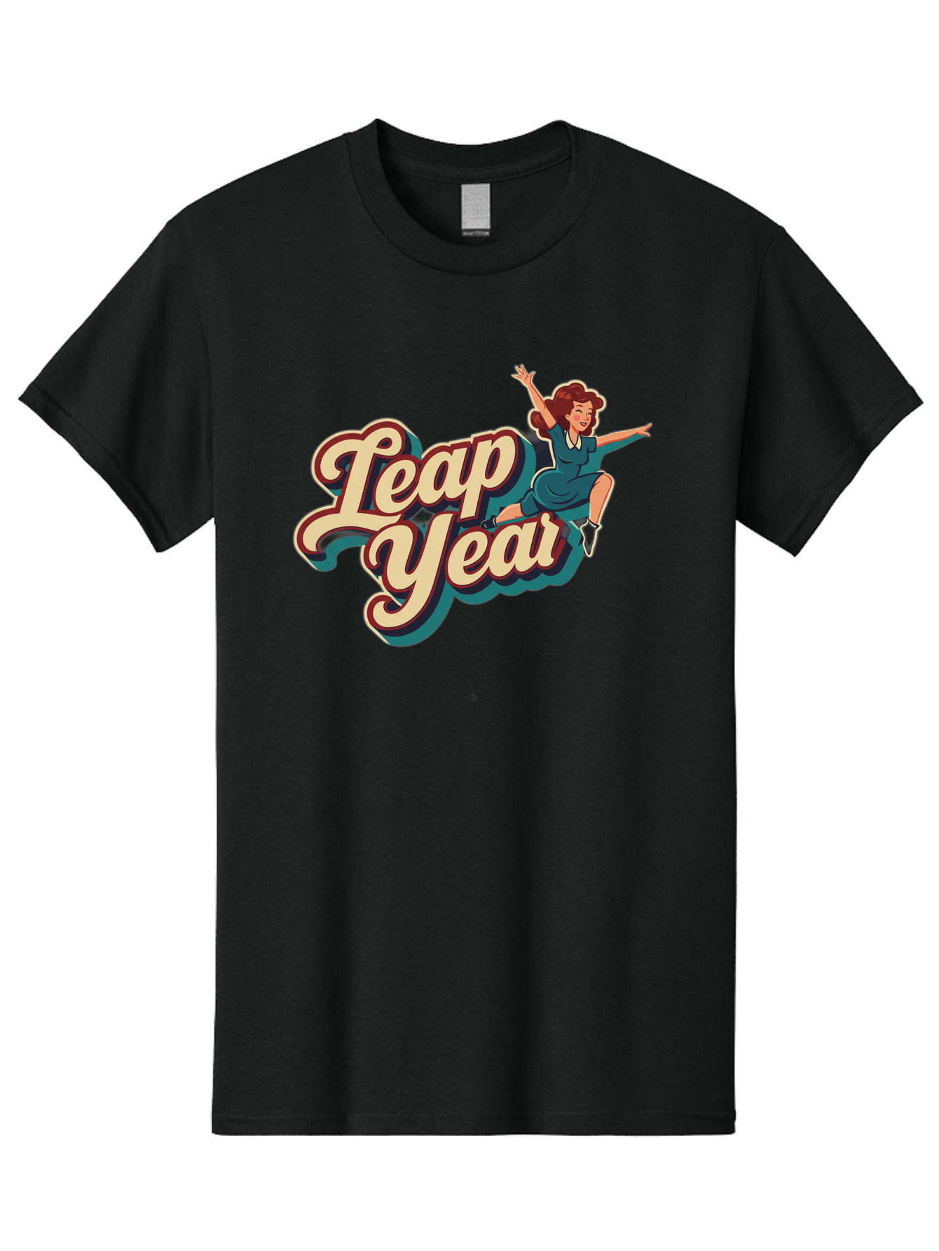 Leap-Year-6 Men'S Graphic Tee, 100% Cotton, Comfortable Casual Summer Wear, Machine Washable, Leap Year, Cartoon Woman, Retro Style, Playful Vibe, Jumping Gesture, Fun Graphics, Vintage Aesthetic, Happy Atmosphere Bac116