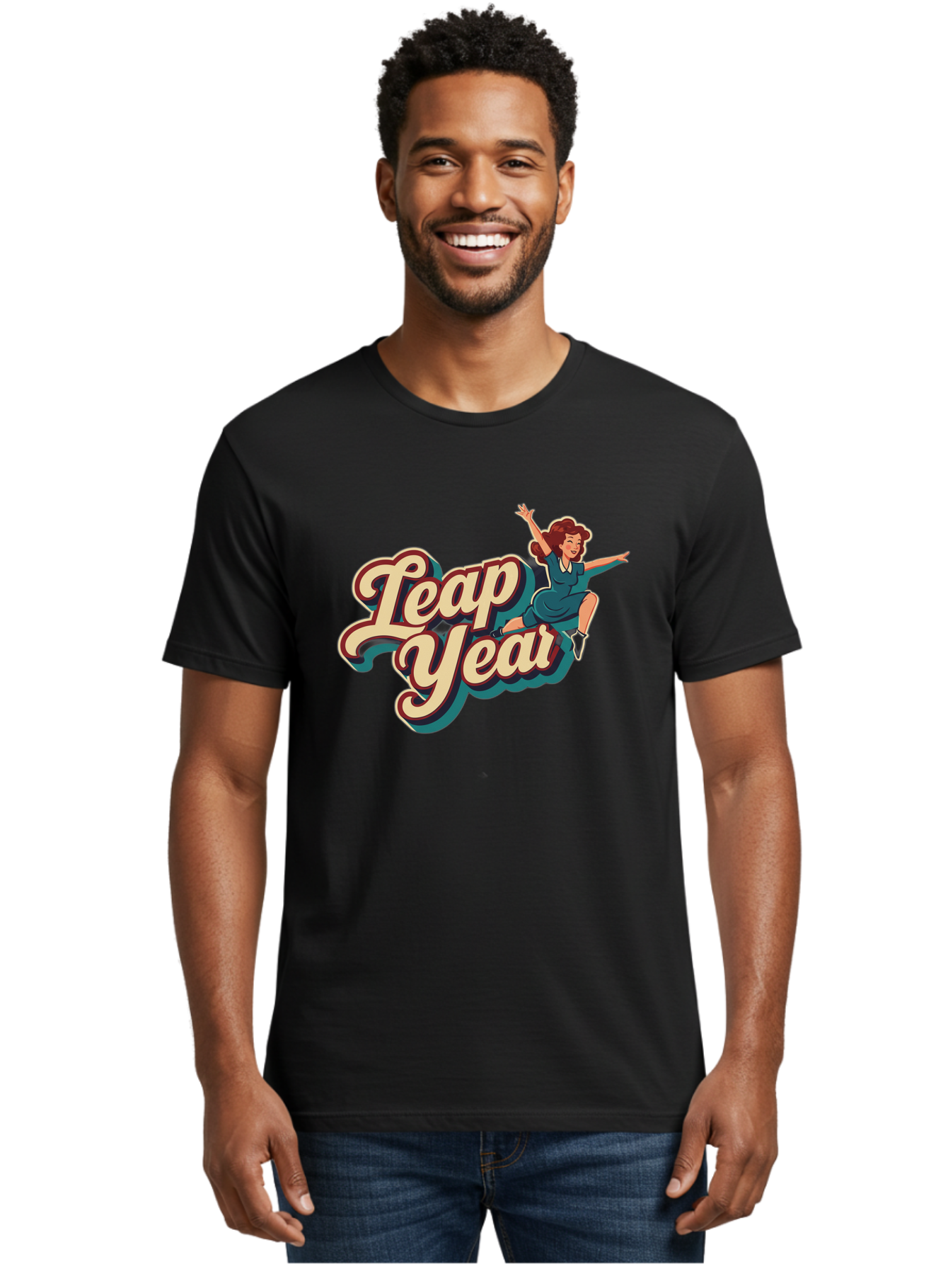 Leap-Year-6 Men'S Graphic Tee, 100% Cotton, Comfortable Casual Summer Wear, Machine Washable, Leap Year, Cartoon Woman, Retro Style, Playful Vibe, Jumping Gesture, Fun Graphics, Vintage Aesthetic, Happy Atmosphere Bac116