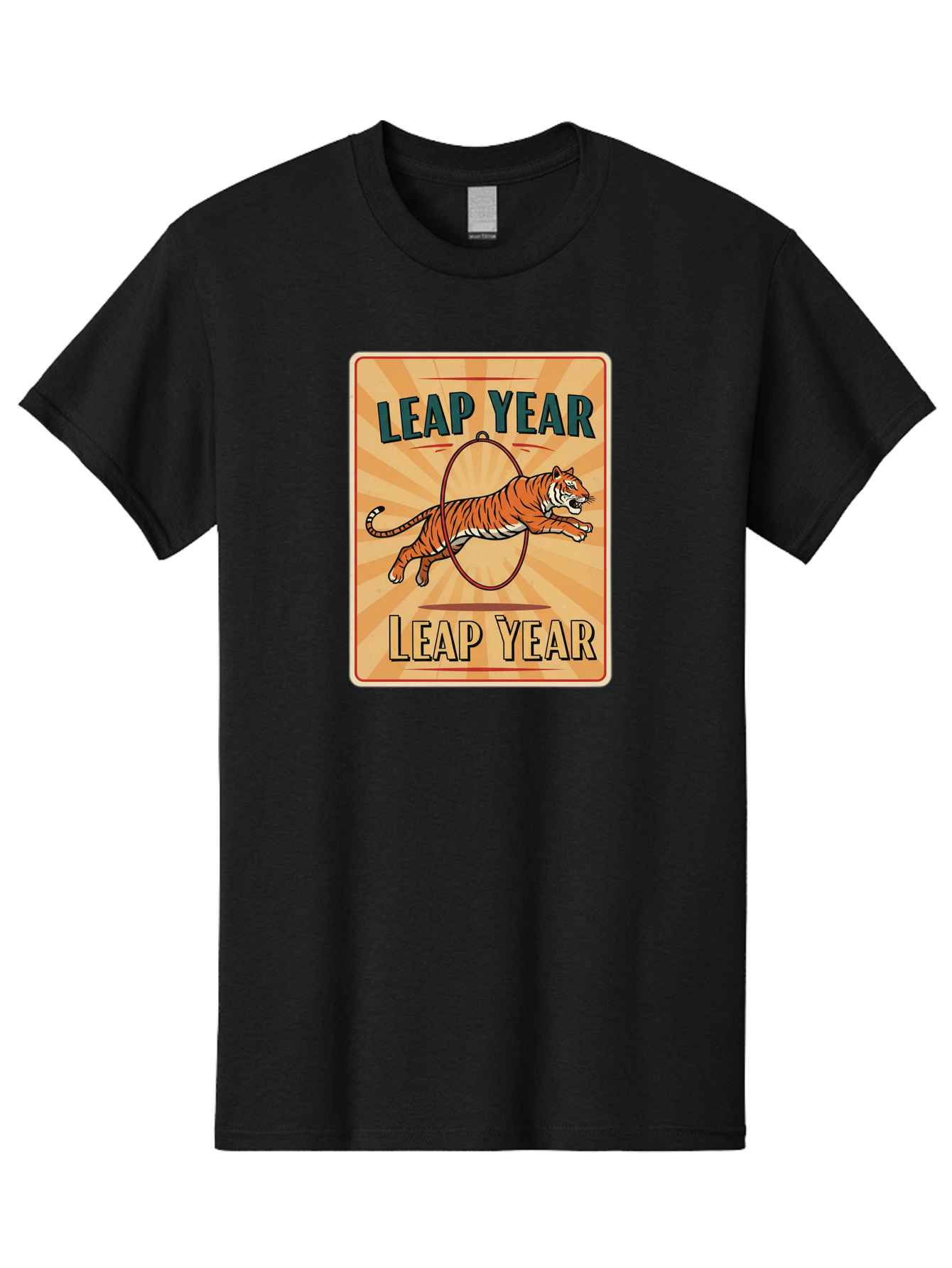Leap-Year Men'S Graphic Tee, 100% Cotton, Comfortable Casual Summer Wear, Machine Washable, Leaping Tiger, Circus Act, Vintage Poster, Retro Design, Tiger Jumping Through Hoop, Playful Graphics, Bold Typography, Leap Year Theme, Bac117