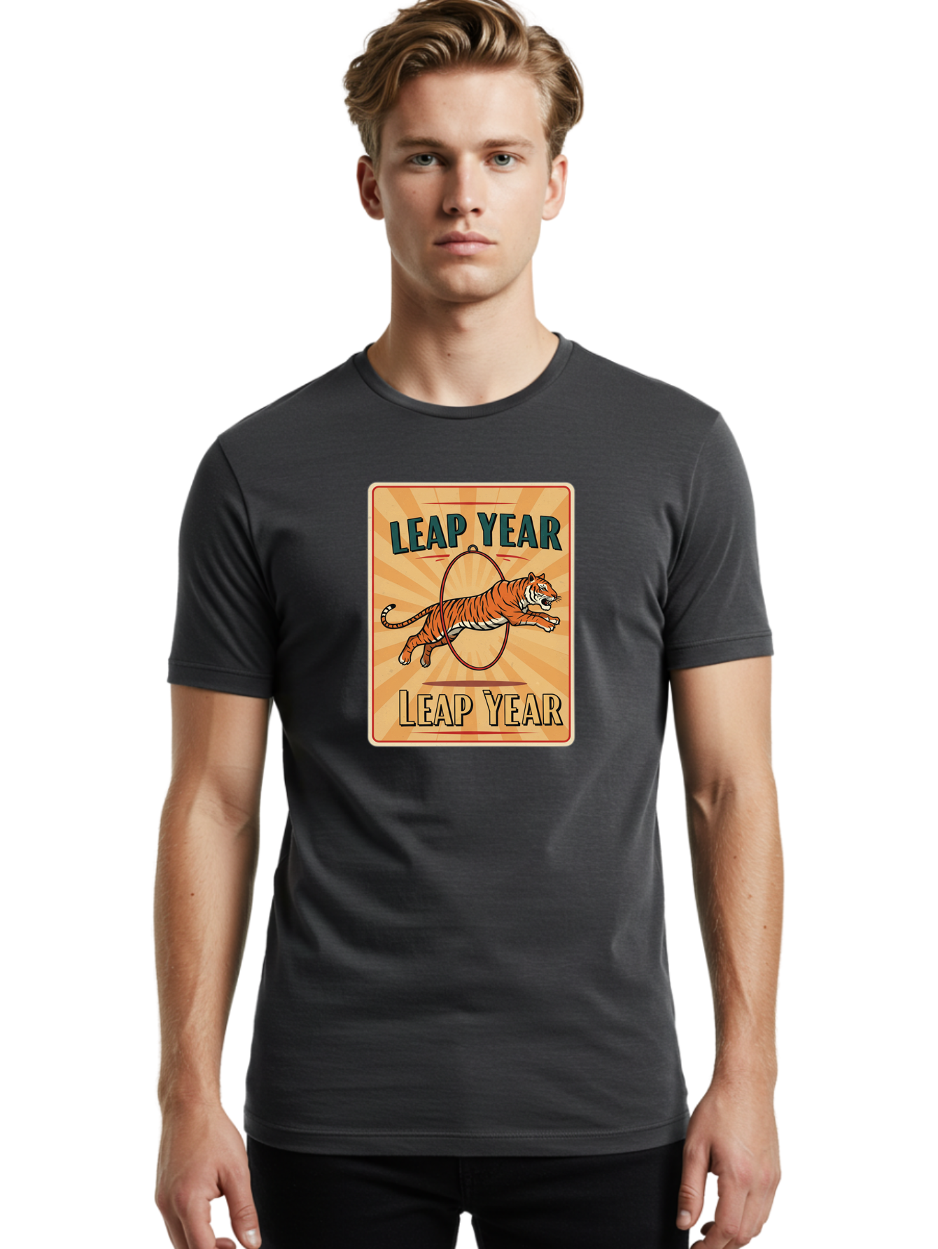 Leap-Year Men'S Graphic Tee, 100% Cotton, Comfortable Casual Summer Wear, Machine Washable, Leaping Tiger, Circus Act, Vintage Poster, Retro Design, Tiger Jumping Through Hoop, Playful Graphics, Bold Typography, Leap Year Theme, Bac117