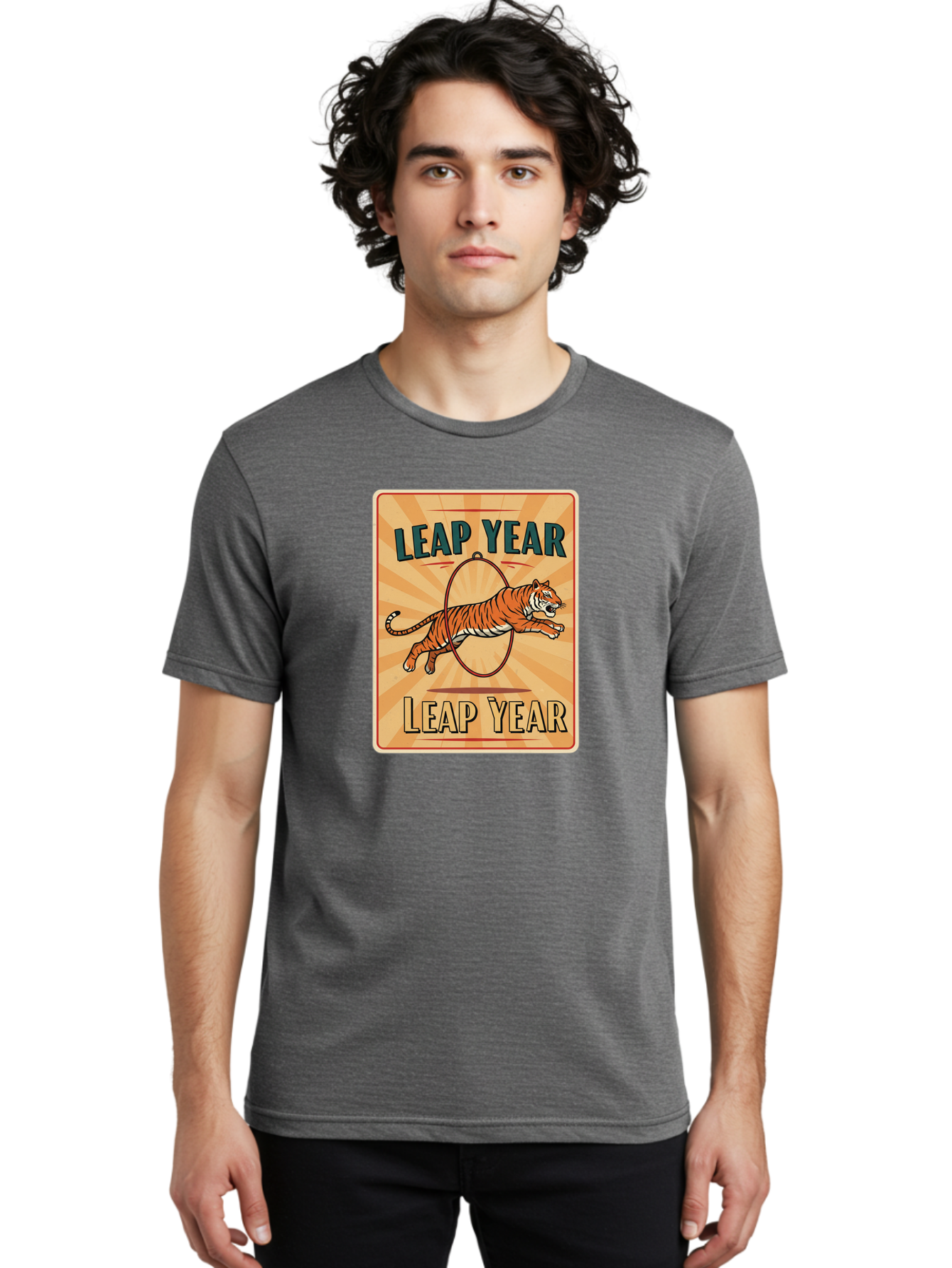 Leap-Year Men'S Graphic Tee, 100% Cotton, Comfortable Casual Summer Wear, Machine Washable, Leaping Tiger, Circus Act, Vintage Poster, Retro Design, Tiger Jumping Through Hoop, Playful Graphics, Bold Typography, Leap Year Theme, Bac117